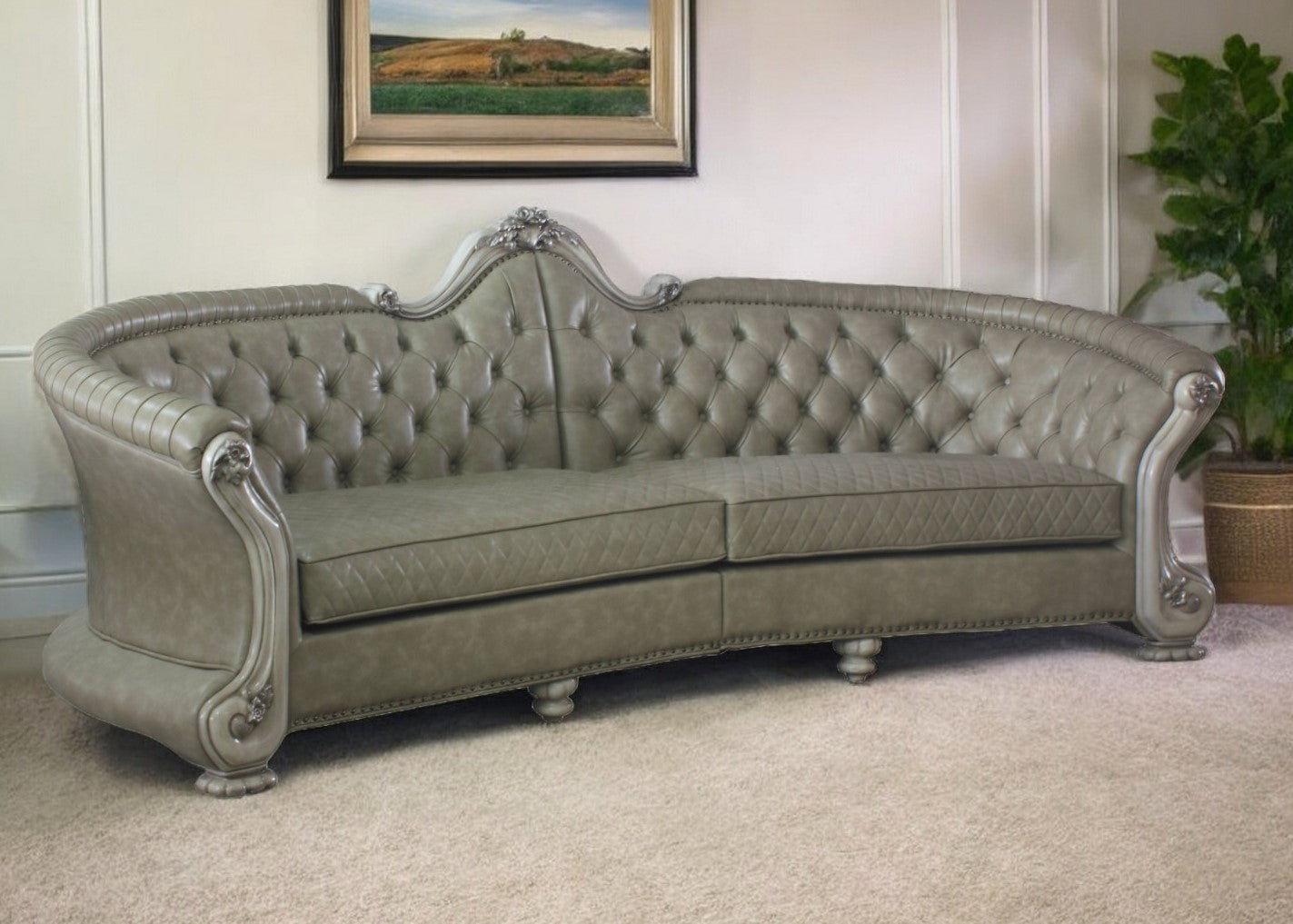 113" Bone Faux Leather Sofa And Toss Pillows With White Legs-0
