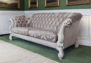 99" Ivory Velvet Damask Sofa And Toss Pillows With Bone Legs-0