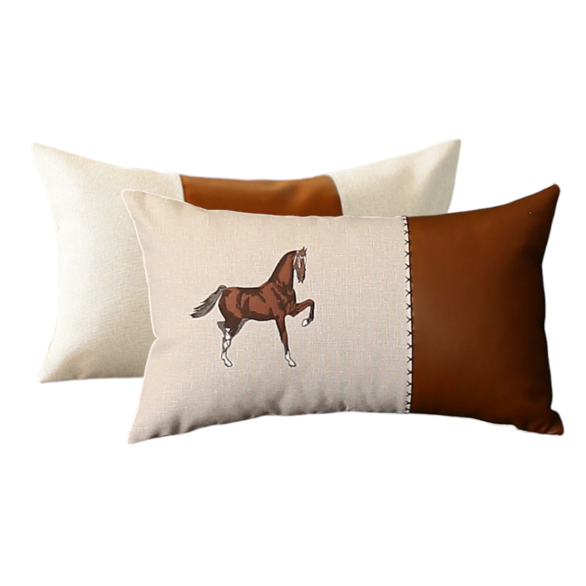 Set of Two Beige and Brown Horse Color Block Fabric and Faux Leather Lumbar Throw Pillows with Embroidery-Accent Throw Pillows-DECOROLALA