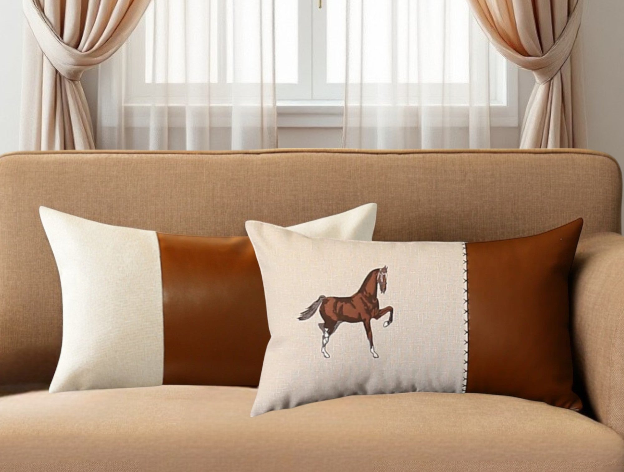 Set of Two Beige and Brown Horse Color Block Fabric and Faux Leather Lumbar Throw Pillows with Embroidery-Accent Throw Pillows-DECOROLALA