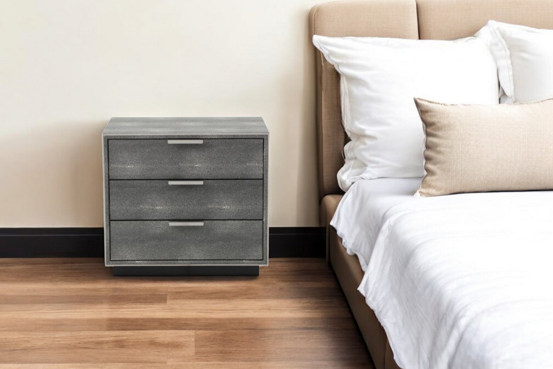 22" Gray Solid and Manufactured Wood Shagreen Three Drawer Nightstand-Nightstands & Bedside Tables-DECOROLALA