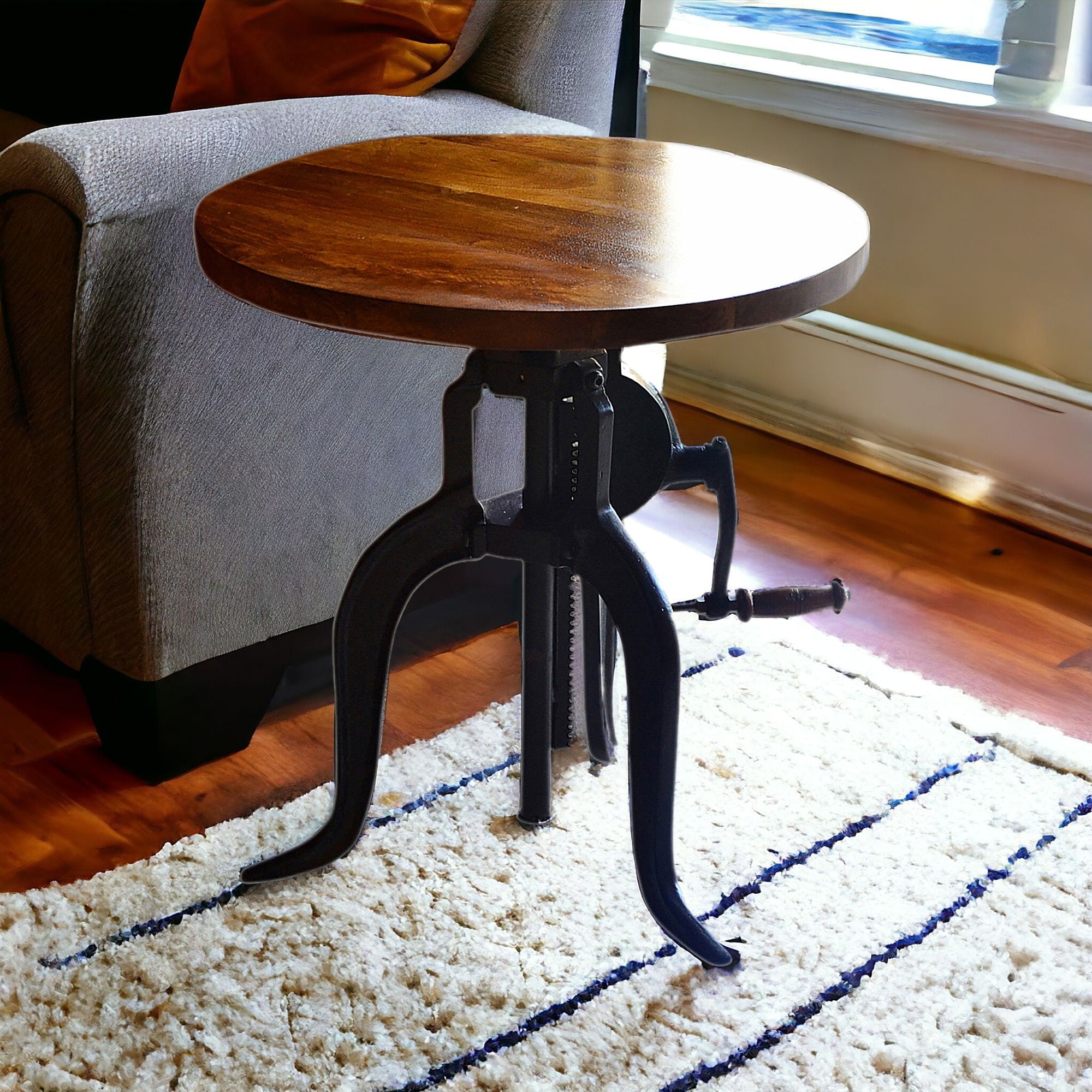 19" Black And Chestnut Solid Wood And Iron Height Adjustable Round End Table-End-Side Tables-DECOROLALA
