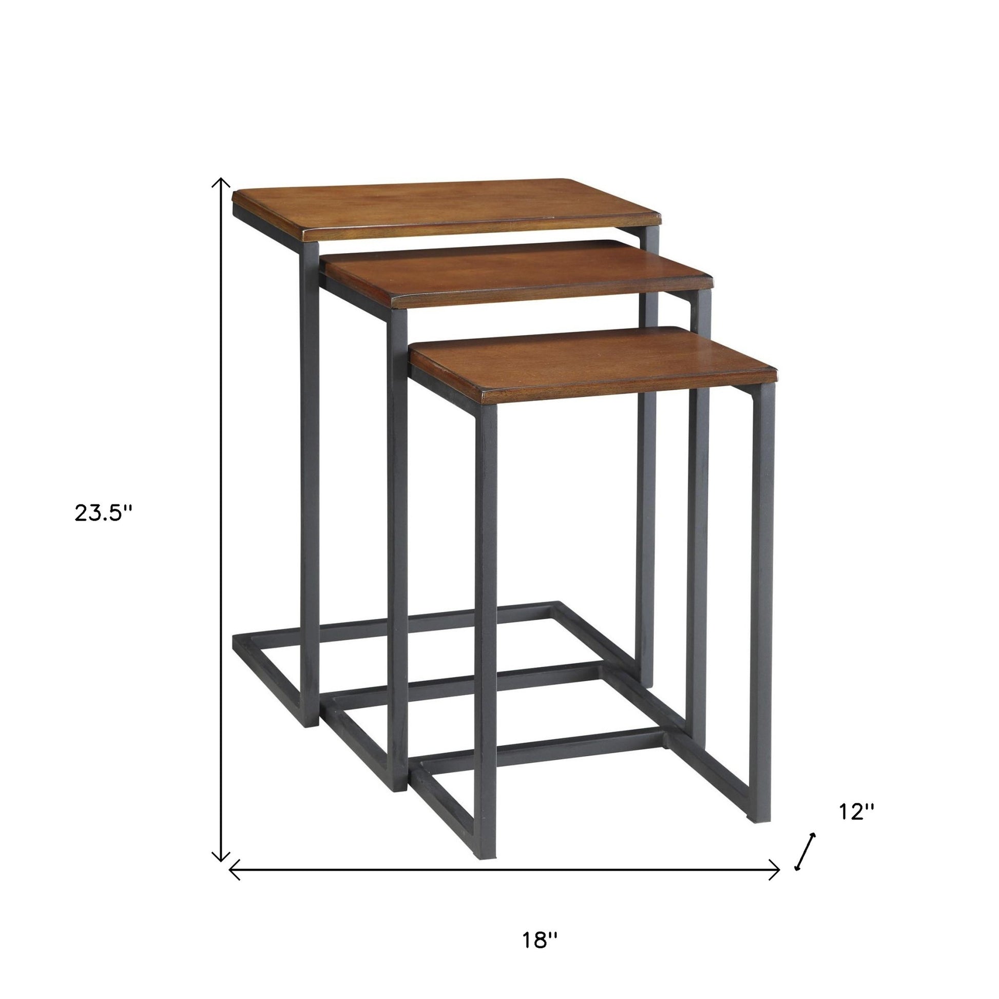 Set of Three Brown and Black Distressed Solid Wood and Metal Frame Nested Tables-End-Side Tables-DECOROLALA