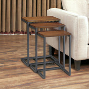 Set of Three Brown and Black Distressed Solid Wood and Metal Frame Nested Tables-End-Side Tables-DECOROLALA