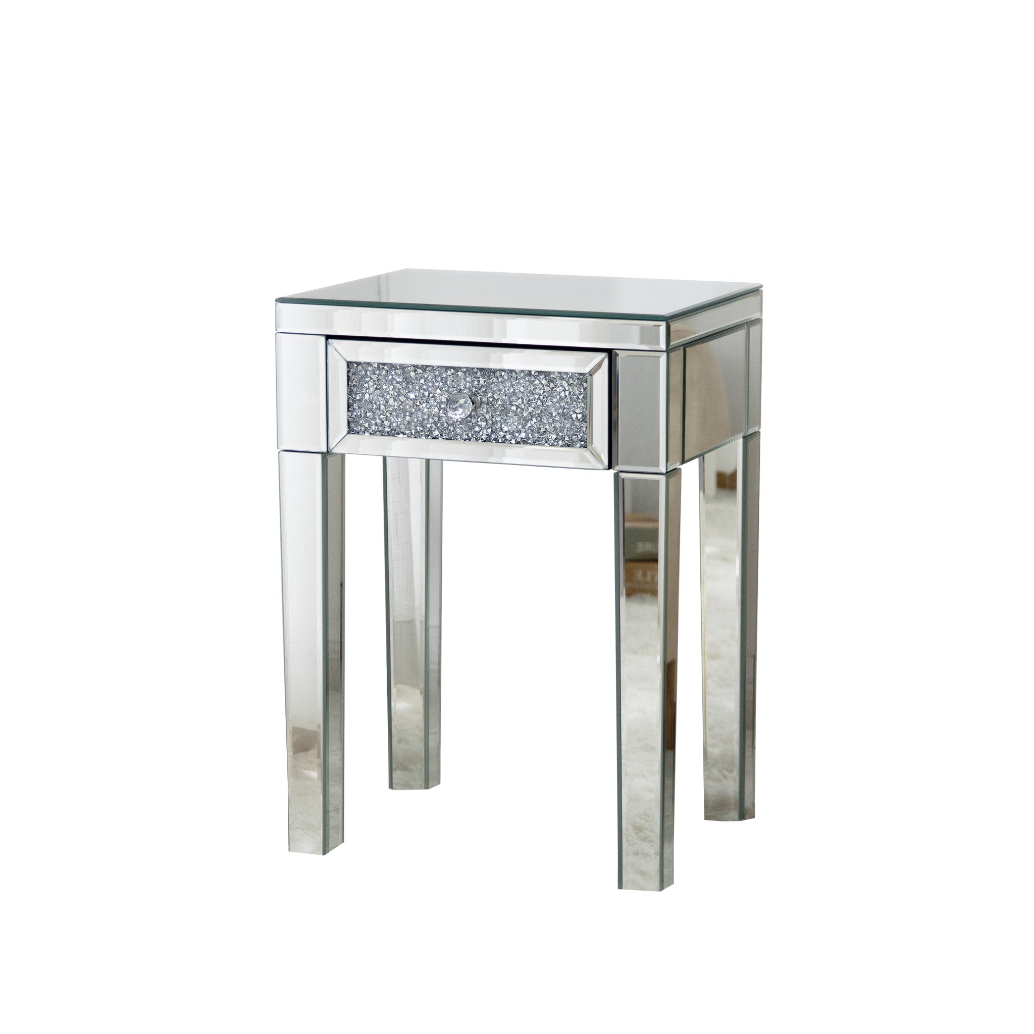 23" Silver Glass Mirrored End Table With Drawer-0