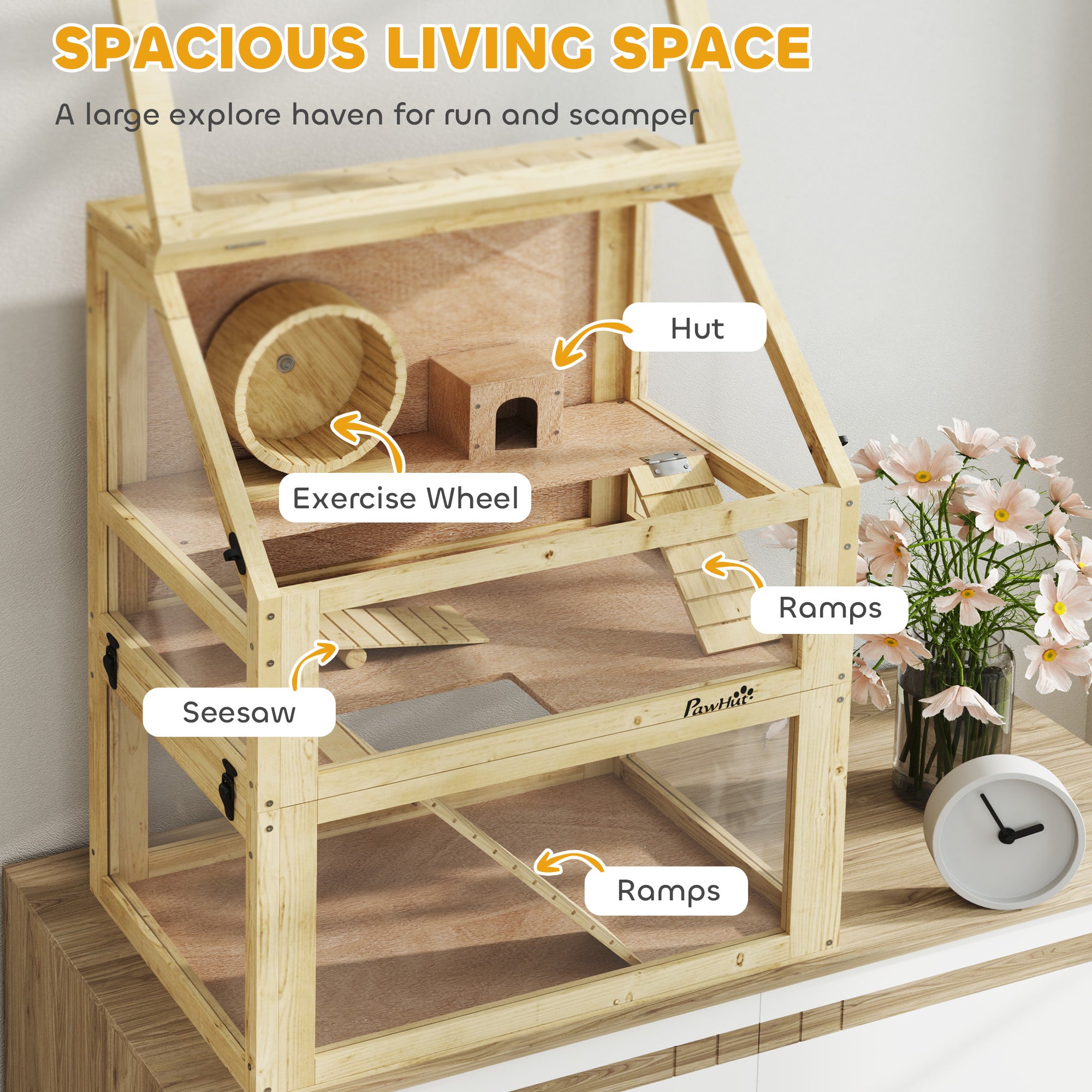 Wooden Hamster Cage, 3 Tier Gerbil Cage with Deep Bottom, Hut, Seesaw, Exercise Wheel, Ramps, 24" x 16" x 29.5"