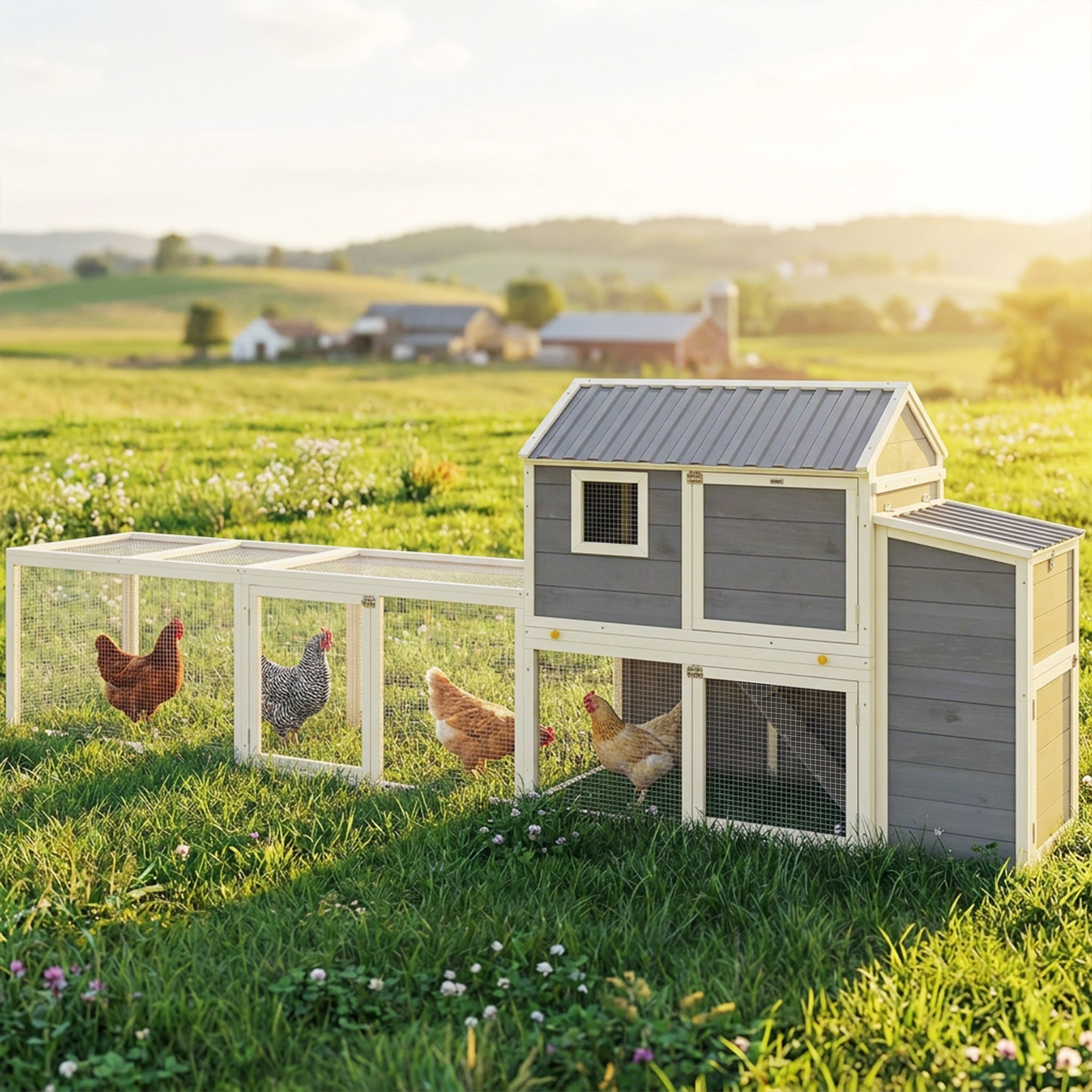 Large Chicken Coop, 134"L Wooden Chicken House with Run, Nesting Box, Slide-Out Tray, Waterproof Roof and Ramp