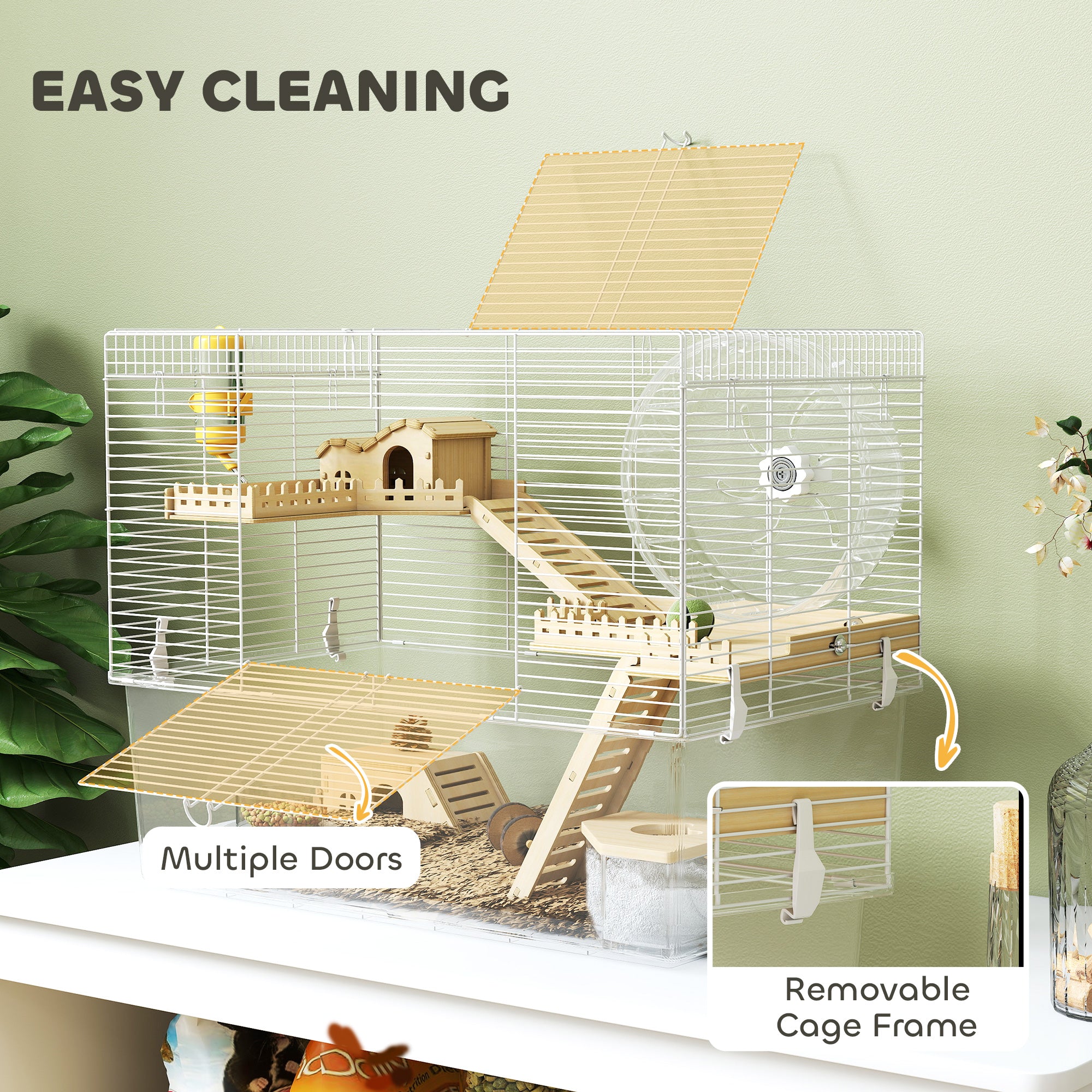 Hamster Cage with Deep Bottom, Wooden Ramp, Hut, Bathroom and Exercise Wheel for Hamster and Gerbil, White