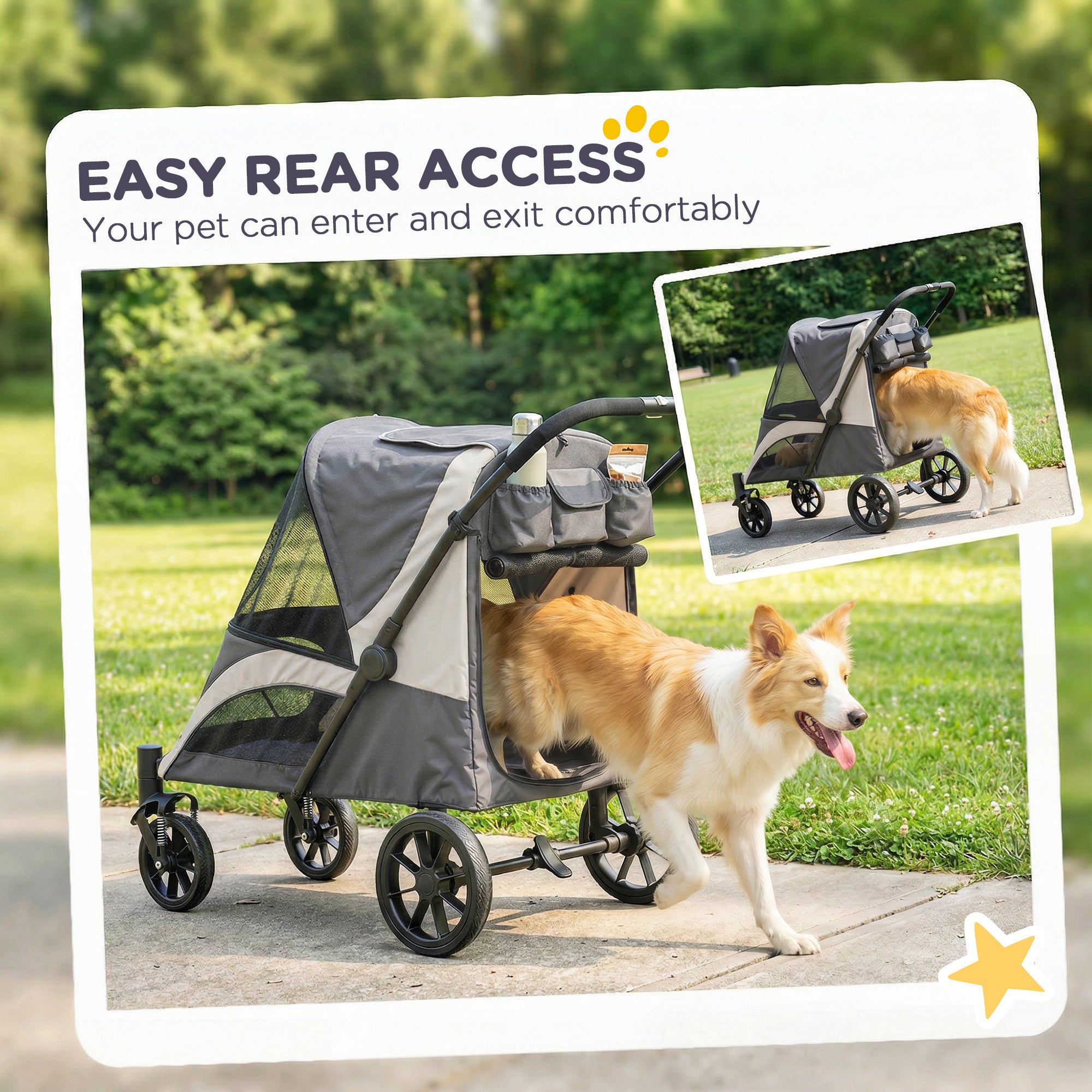 Foldable Pet Stroller for Medium Dogs with Four Big Wheels, Shock-Absorbing Frame, Safety Leashes, Brakes, Dark Grey