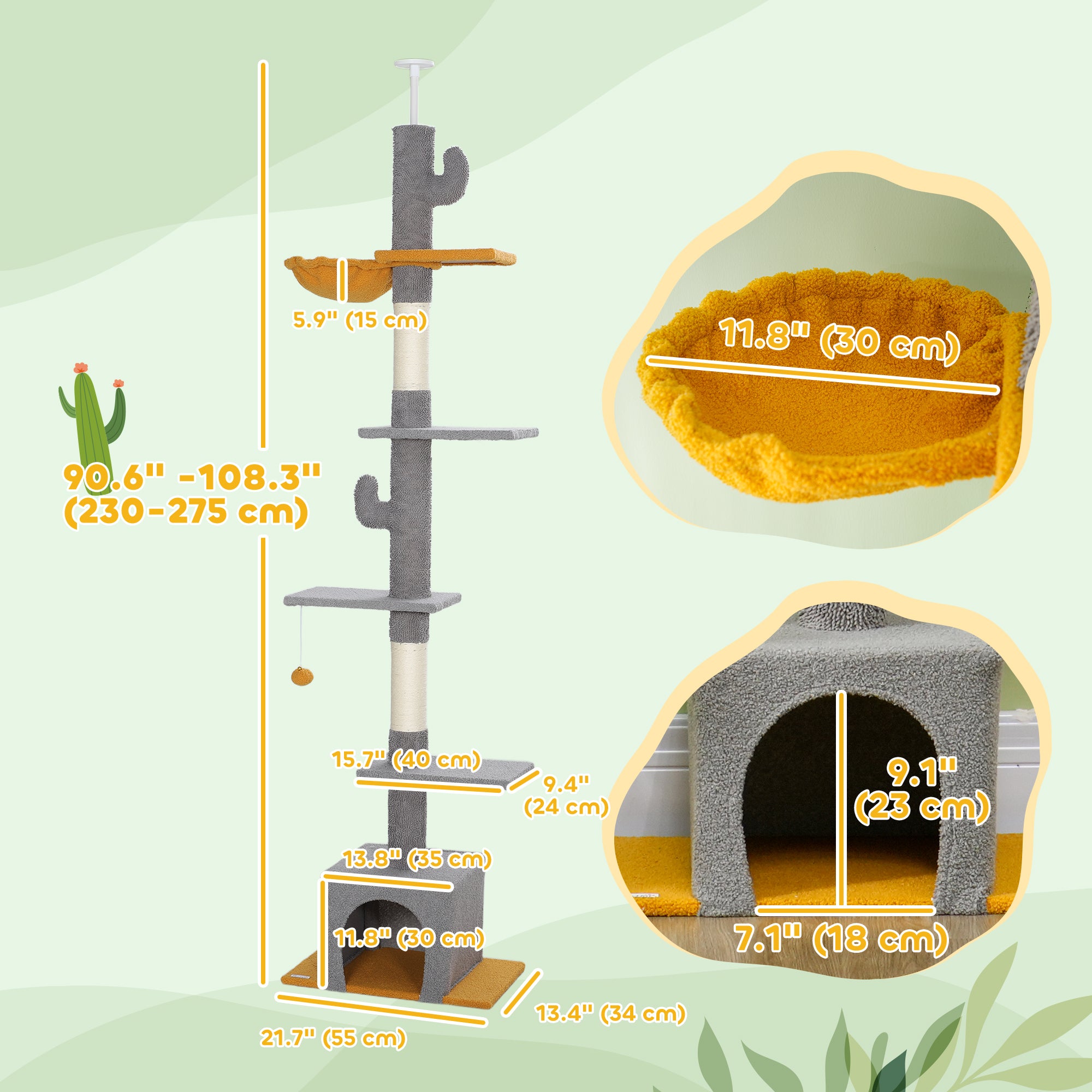 Floor to Ceiling Cat TreeTower with 90.5"-108" Adjustable Height, Scratching Posts, Hammock, Comdo, Toy Ball, Light Grey