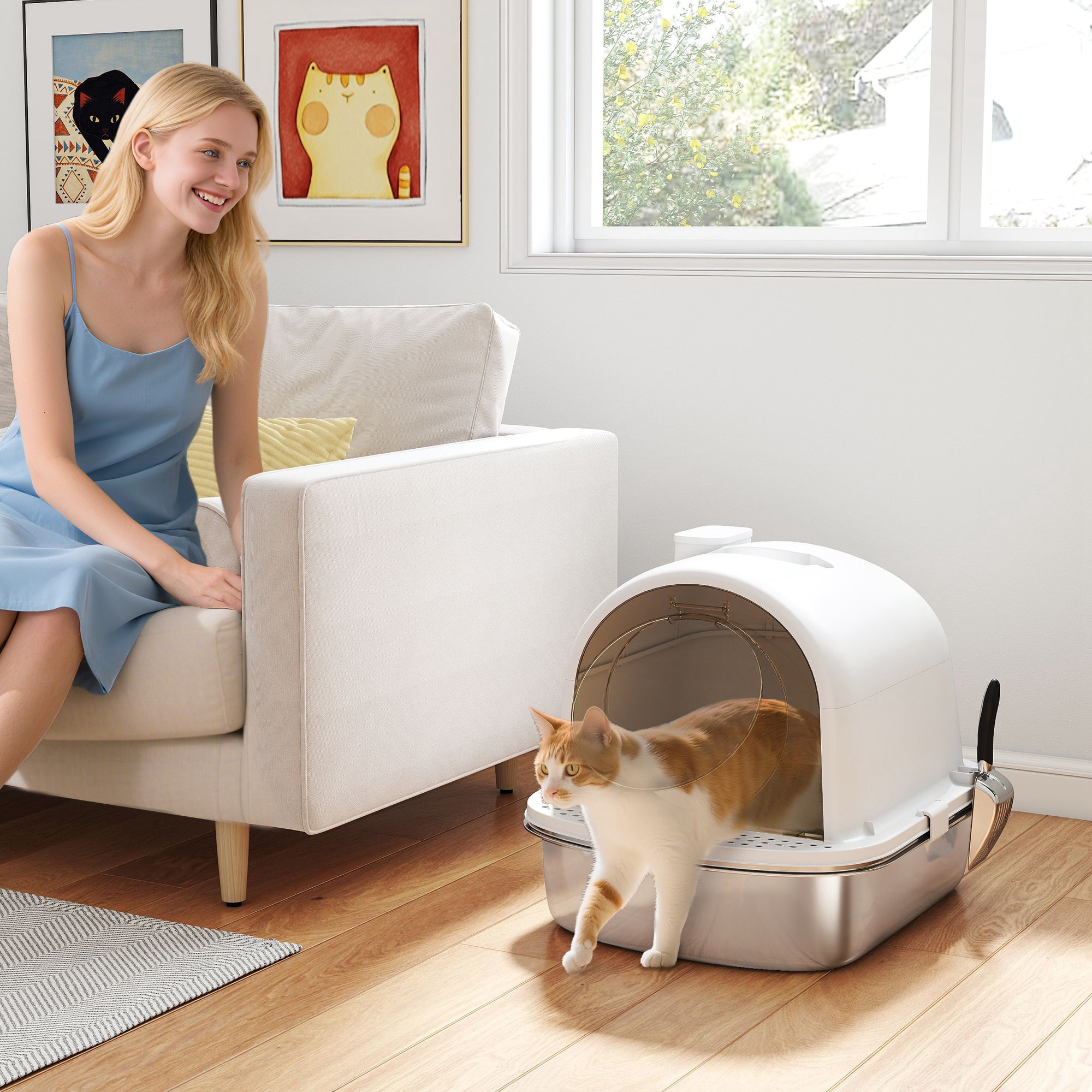 Enclosed Stainless Steel Litter Box, Metal Cat Litter Box with Scoop, Deodorizer Bag, Handle, Easy to Clean