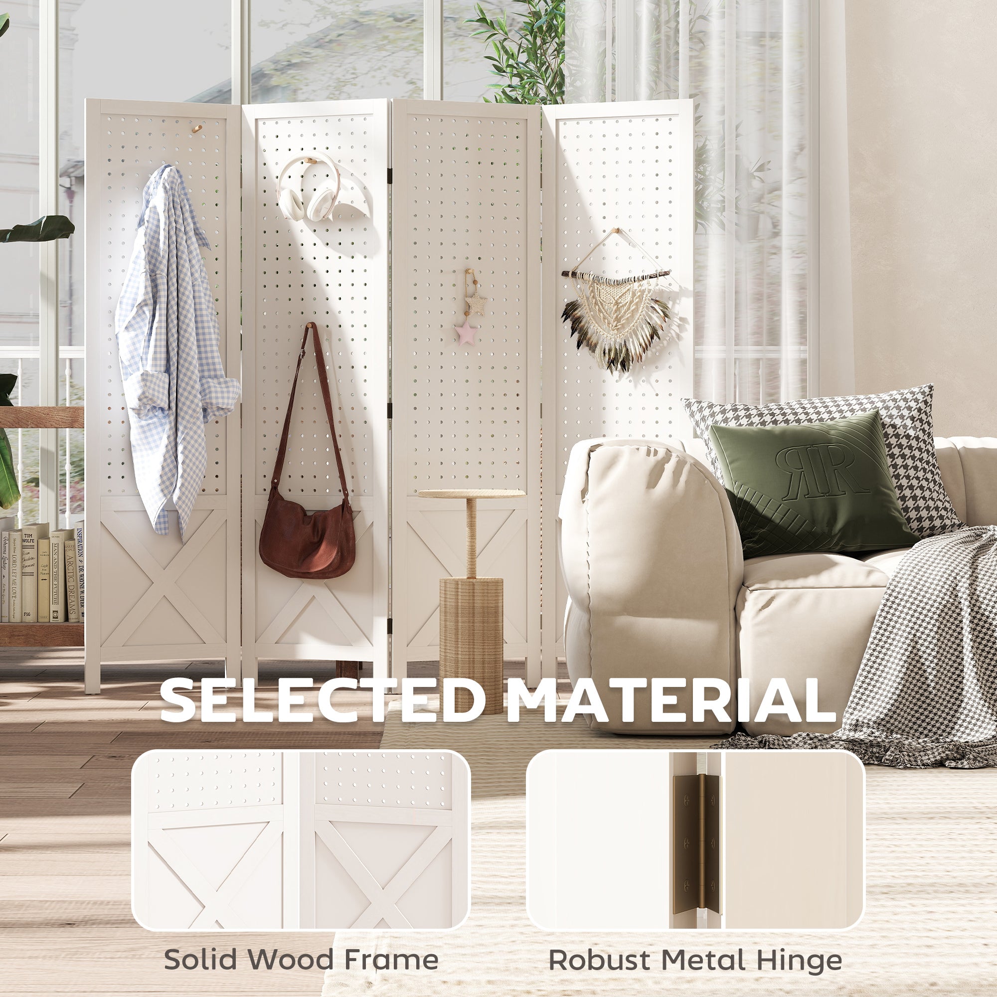 56.9" 4 Panel Wooden Room Divider with Pegboard Display, Folding Privacy Screen for Home Office, White