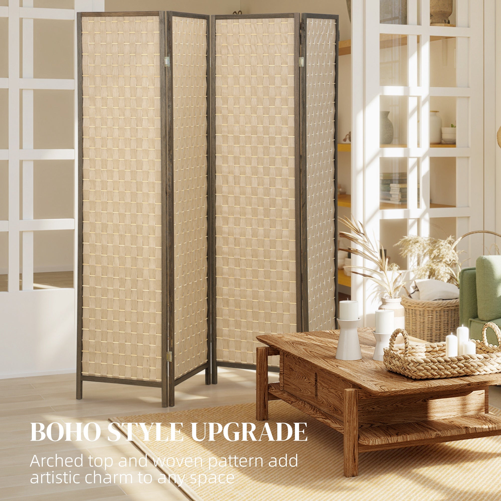 Séparateur de pièce de 6 pieds, paravent pliable à 4 panneaux, cloison légère tressée à la main et autoportante pour bureau à domicile, marron