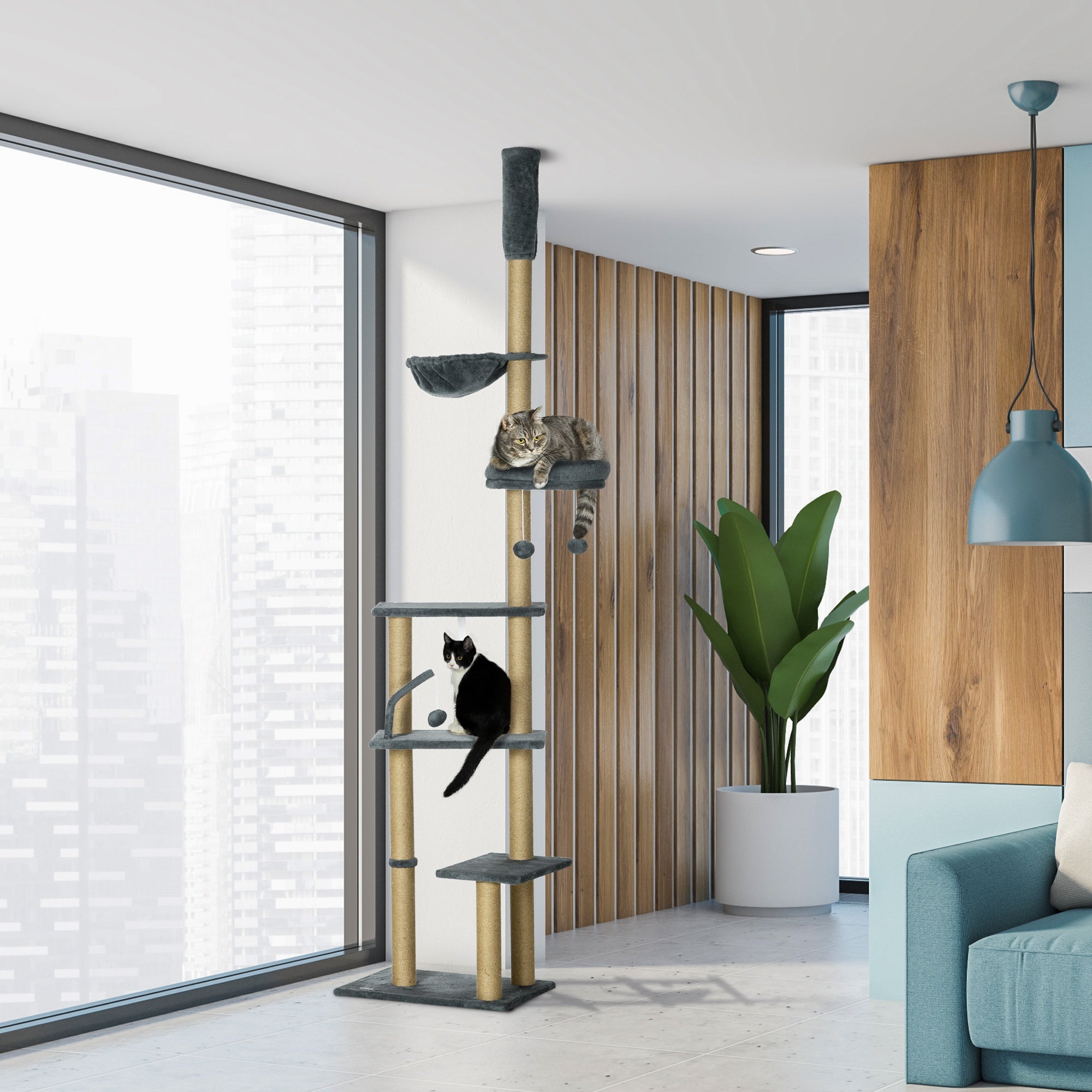 Floor to Ceiling Cat Tree, 90.5" - 98.5" Cat Tower with Scratching Post, Dangling Balls, Platforms, Bed, Hammock, Grey