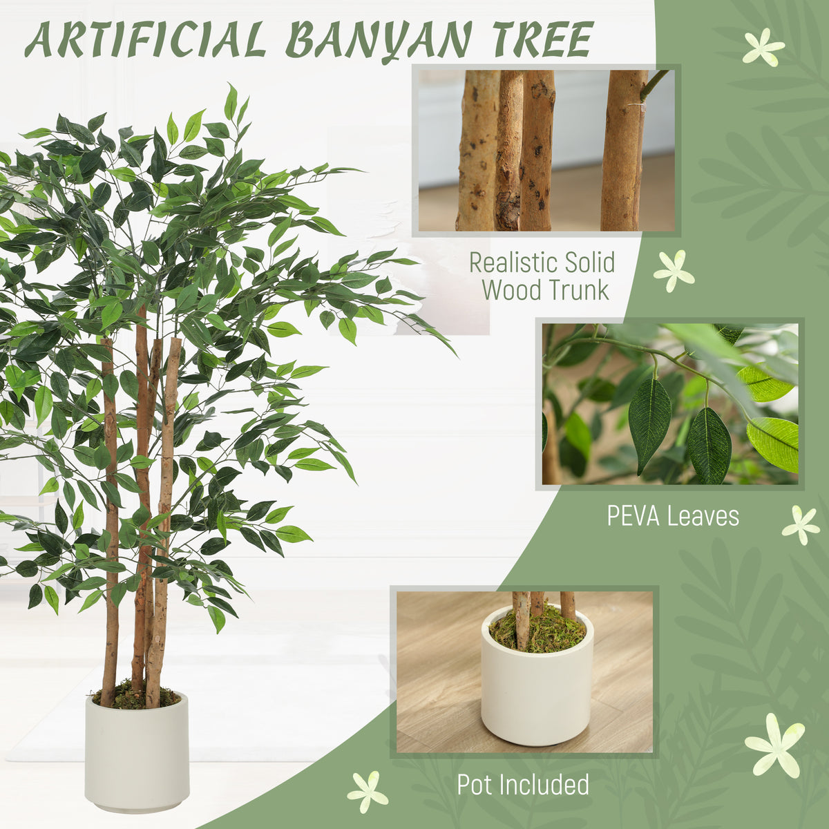 4FT Artificial Banyan Tree Set of 2, Fake Potted Tree with Solid Wood Trunk and Pot for Indoor-Artificial Trees-DECOROLALA