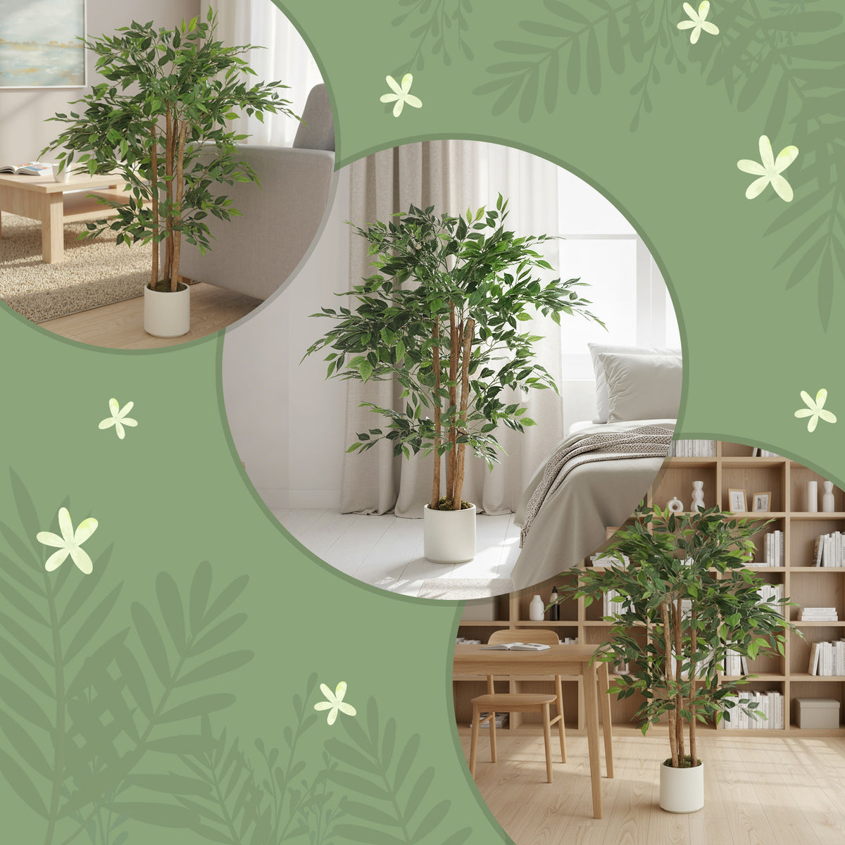 4FT Artificial Banyan Tree Set of 2, Fake Potted Tree with Solid Wood Trunk and Pot for Indoor-Artificial Trees-DECOROLALA