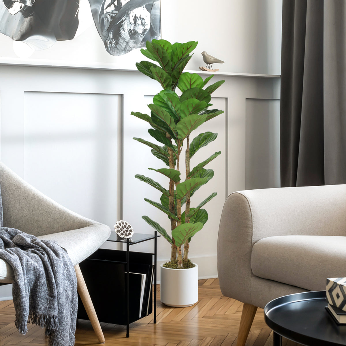 4FT Artificial Fiddle Leaf Fig Tree, Fake Potted Tree with Solid Wood Trunks and Lifelike Leaves for Indoor Decor, Green-Artificial Trees-DECOROLALA