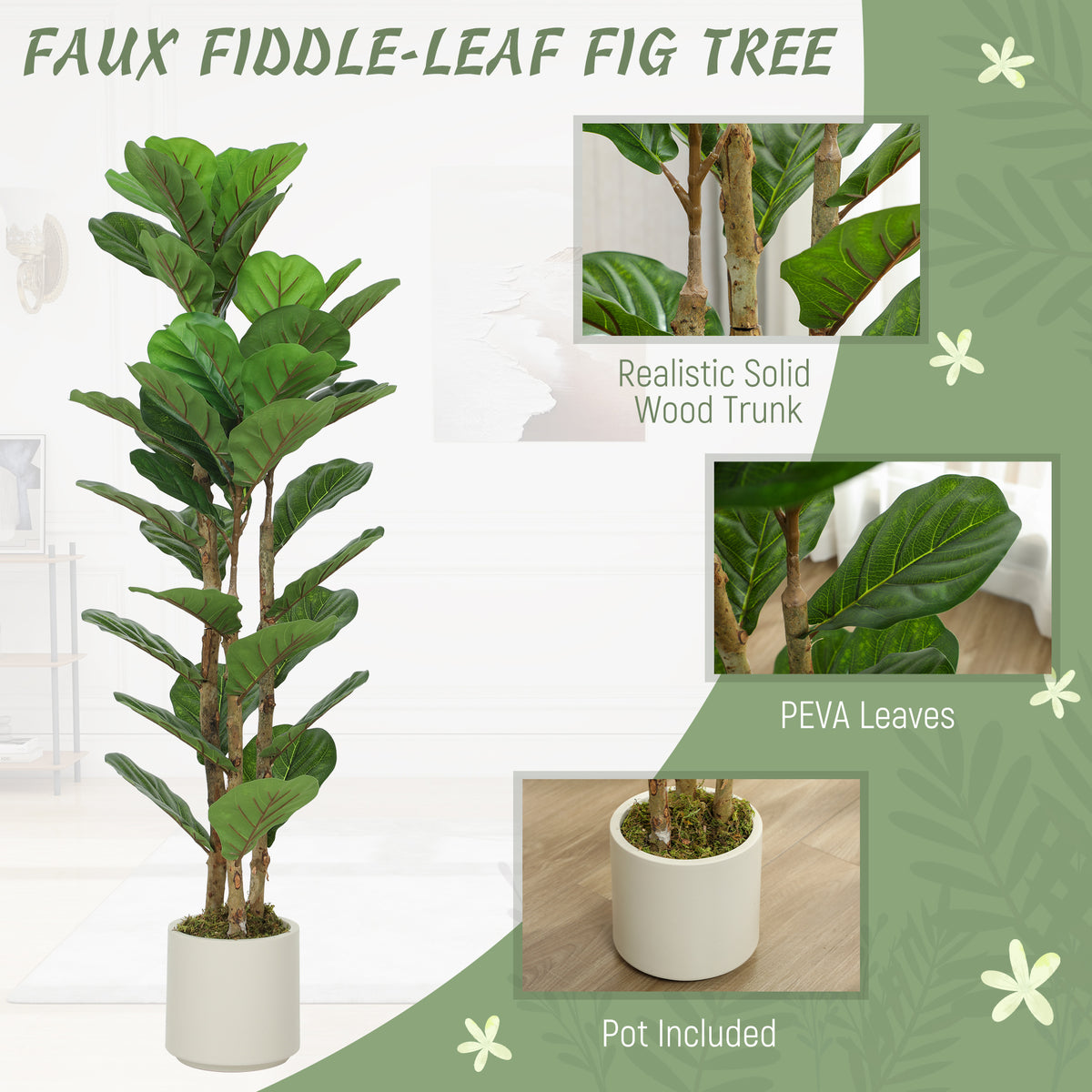 4FT Artificial Fiddle Leaf Fig Tree Set of 2, Fake Potted Tree with Solid Wood Trunks for Indoor Decor, Green-Artificial Trees-DECOROLALA