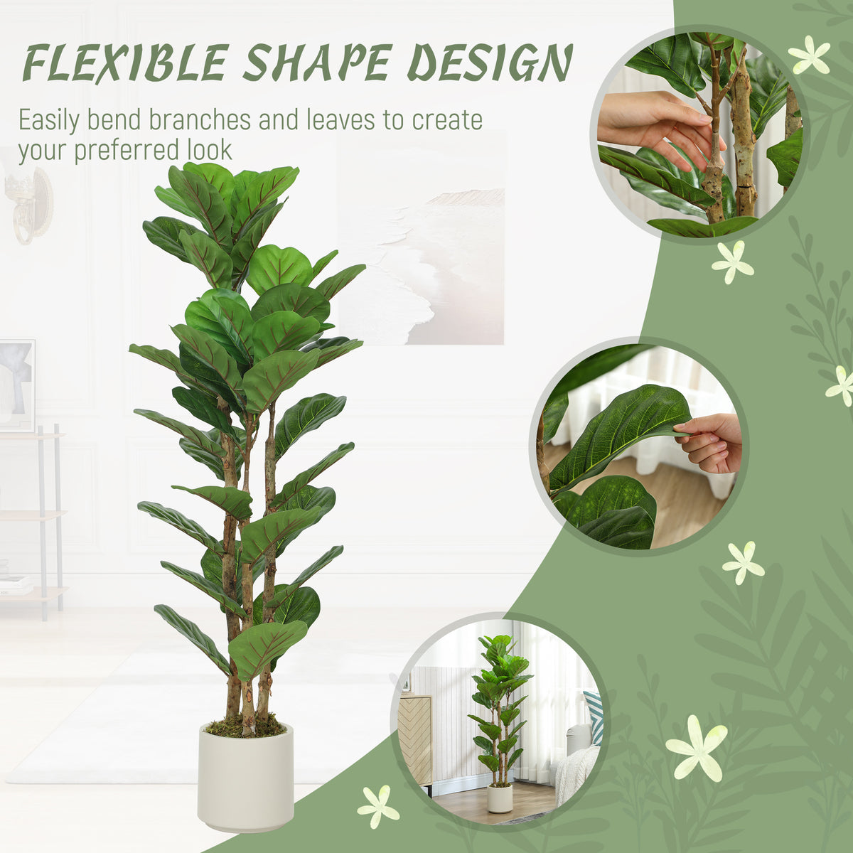 4FT Artificial Fiddle Leaf Fig Tree Set of 2, Fake Potted Tree with Solid Wood Trunks for Indoor Decor, Green-Artificial Trees-DECOROLALA