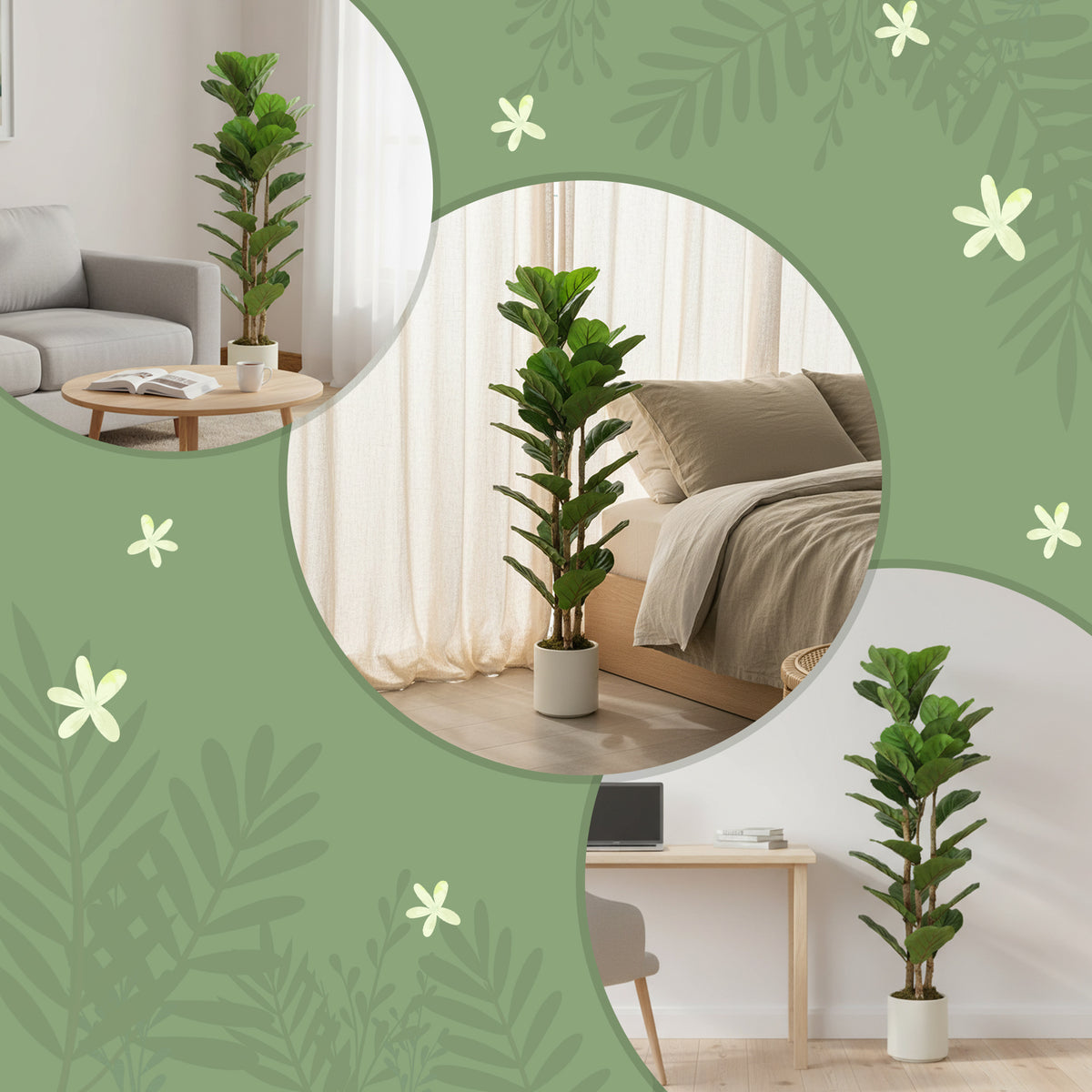 4FT Artificial Fiddle Leaf Fig Tree Set of 2, Fake Potted Tree with Solid Wood Trunks for Indoor Decor, Green-Artificial Trees-DECOROLALA