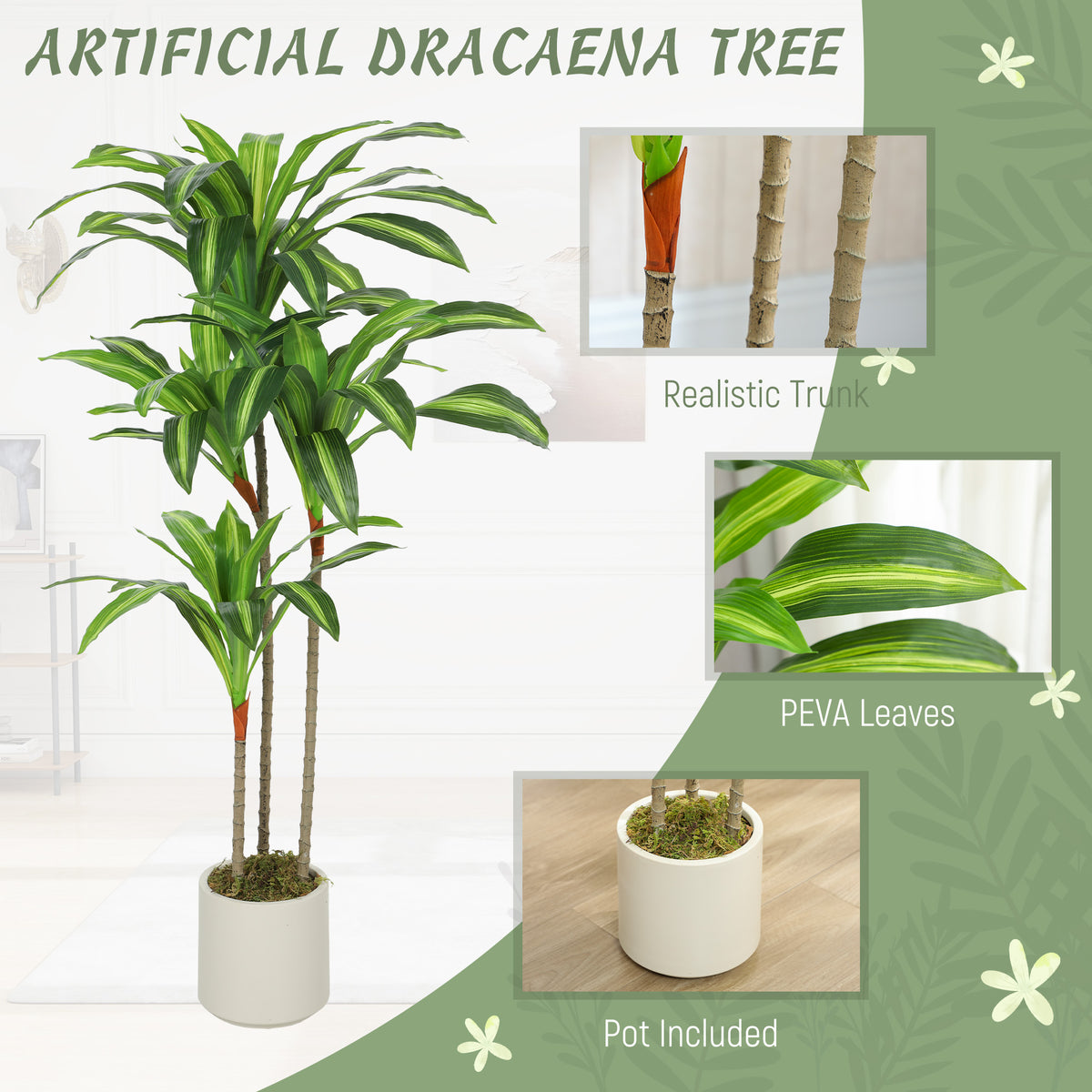 4FT Dracaena Fake Plant, Artificial Plant with Bendable Trunks for Home Office Decor, Green-Artificial Trees-DECOROLALA