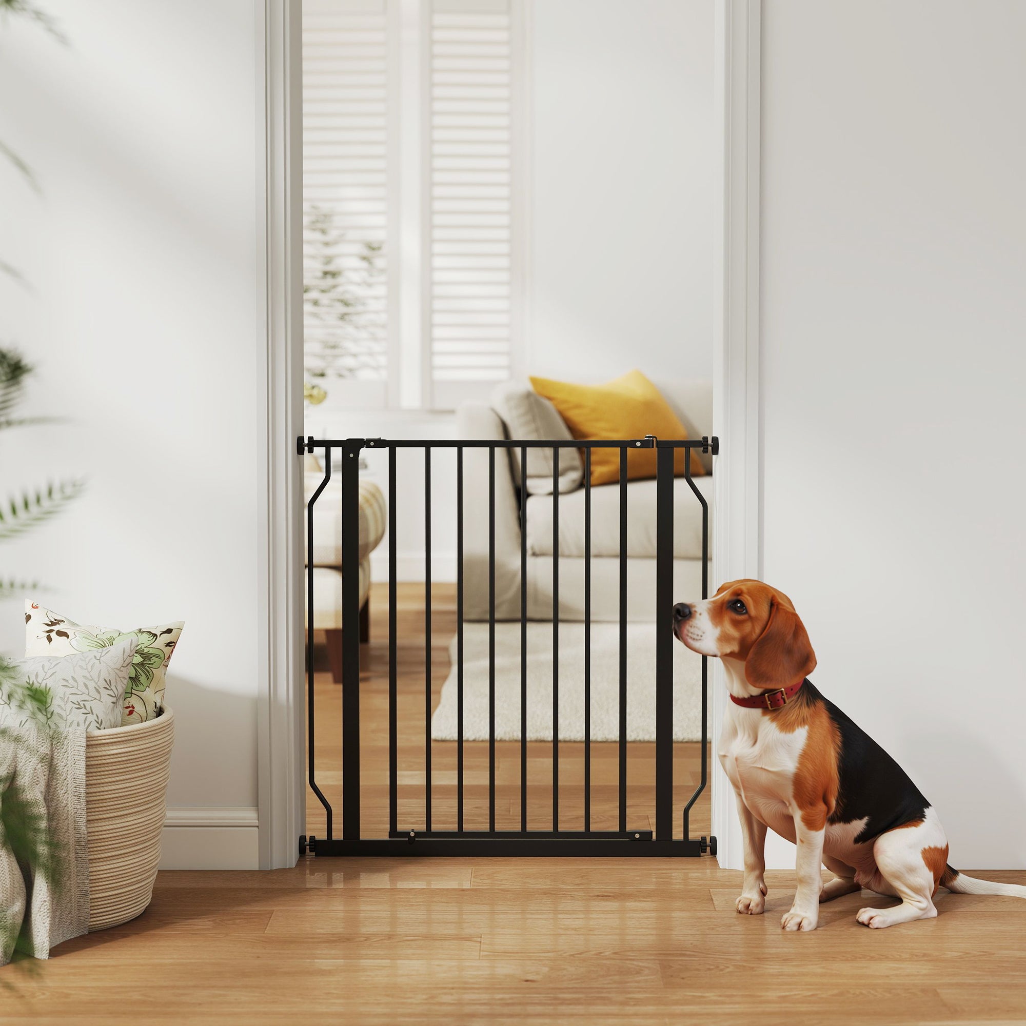 30"- 34" Easy Install Pet Gate w/ Door & Double Locking System, Extra Wide Dog Gate for Stairs, Hallways, Black