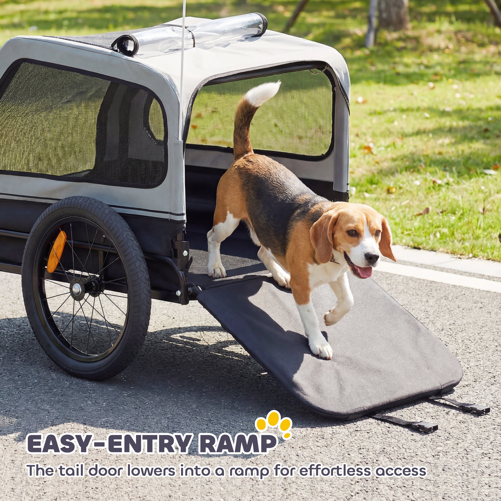 Dog Bike Trailer for Small & Medium Dogs up to 44 lbs, Universal Bicycle Coupler, Flip-Down Ramp Tailgate, Grey