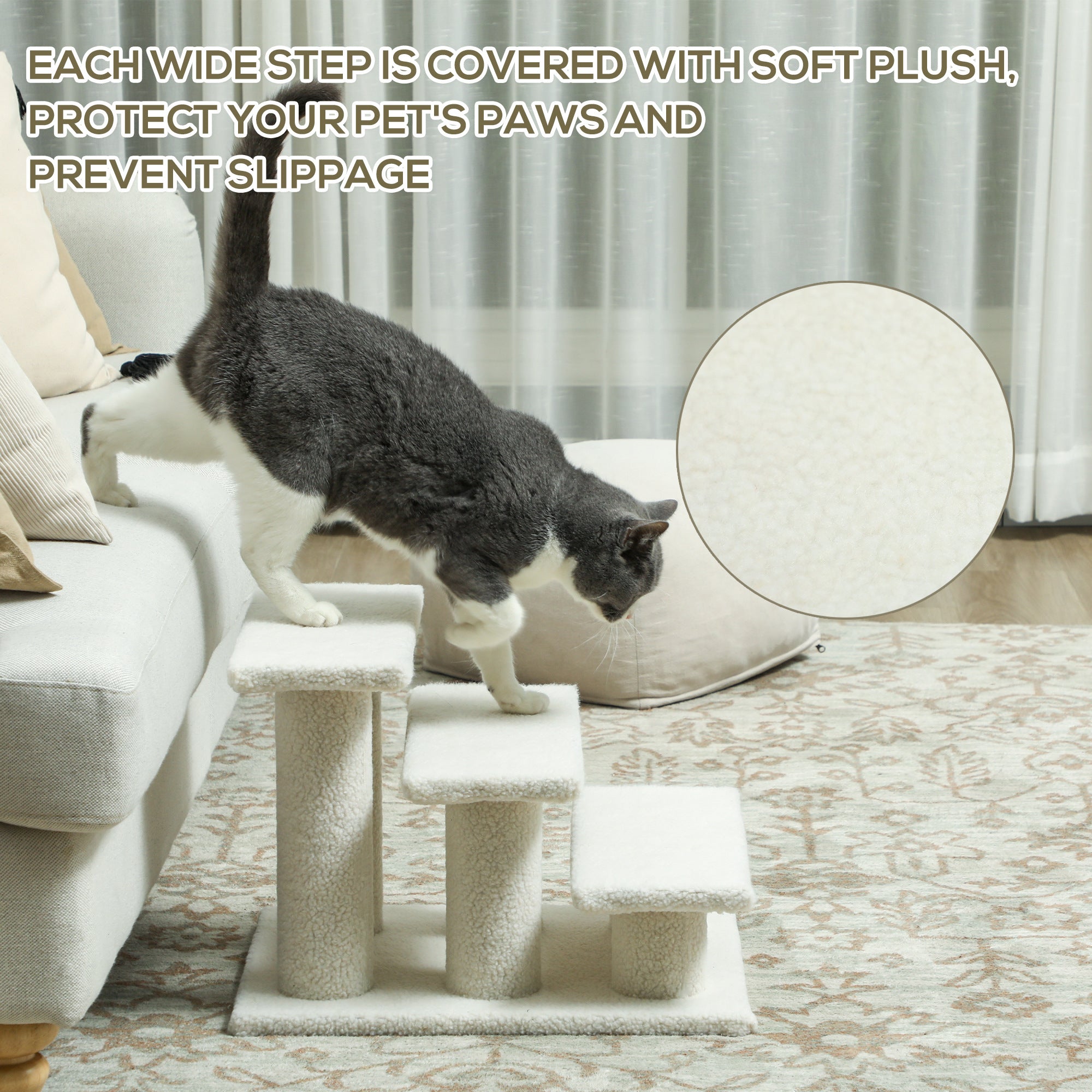 Escalier pour animaux à 3 marches de 18", poteau à griffer et meuble pour chien et chat, beige