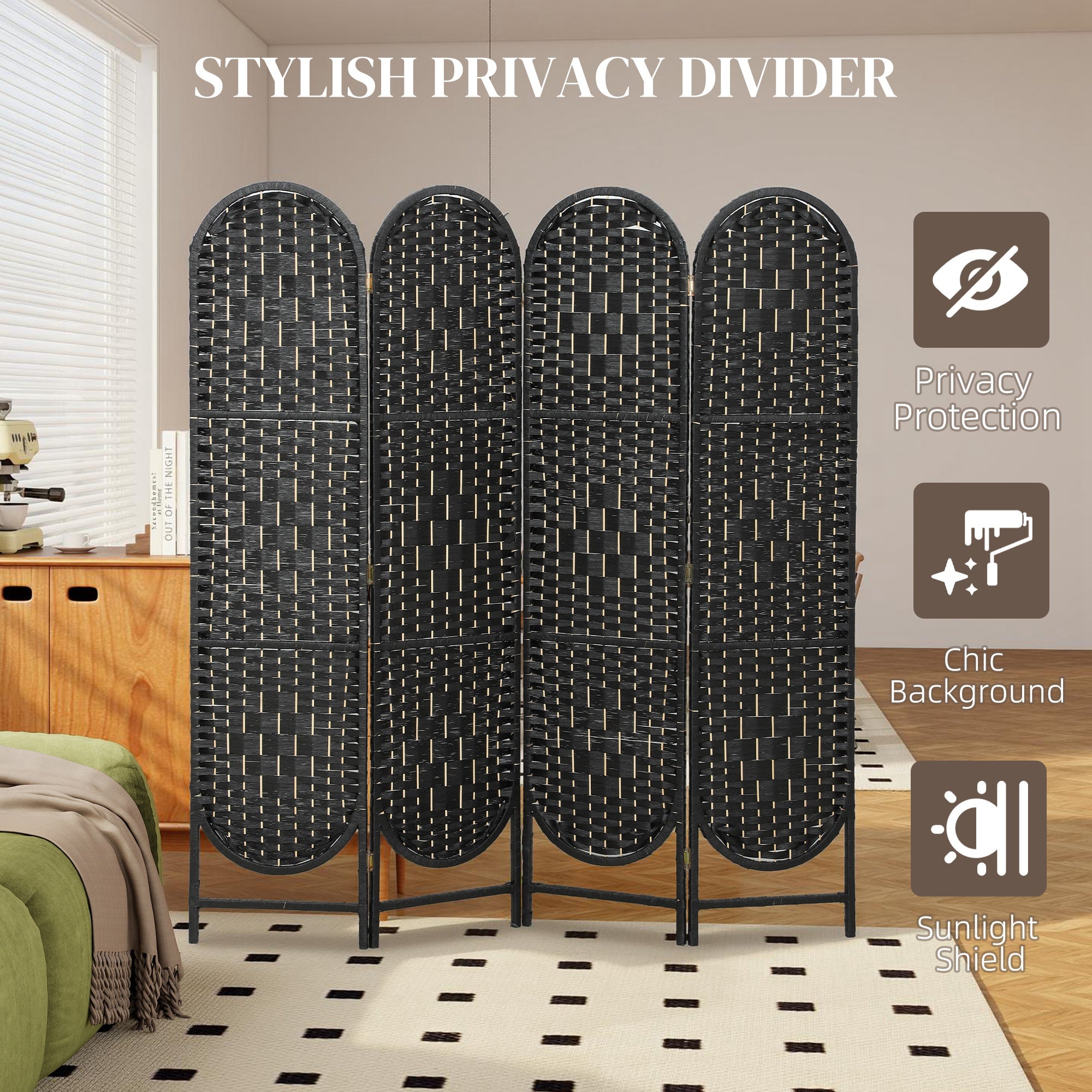 Bohemian Privacy Screen, Folding Room Divider with 4 Panels and Arched Top for Bedroom Living Room Office, Black
