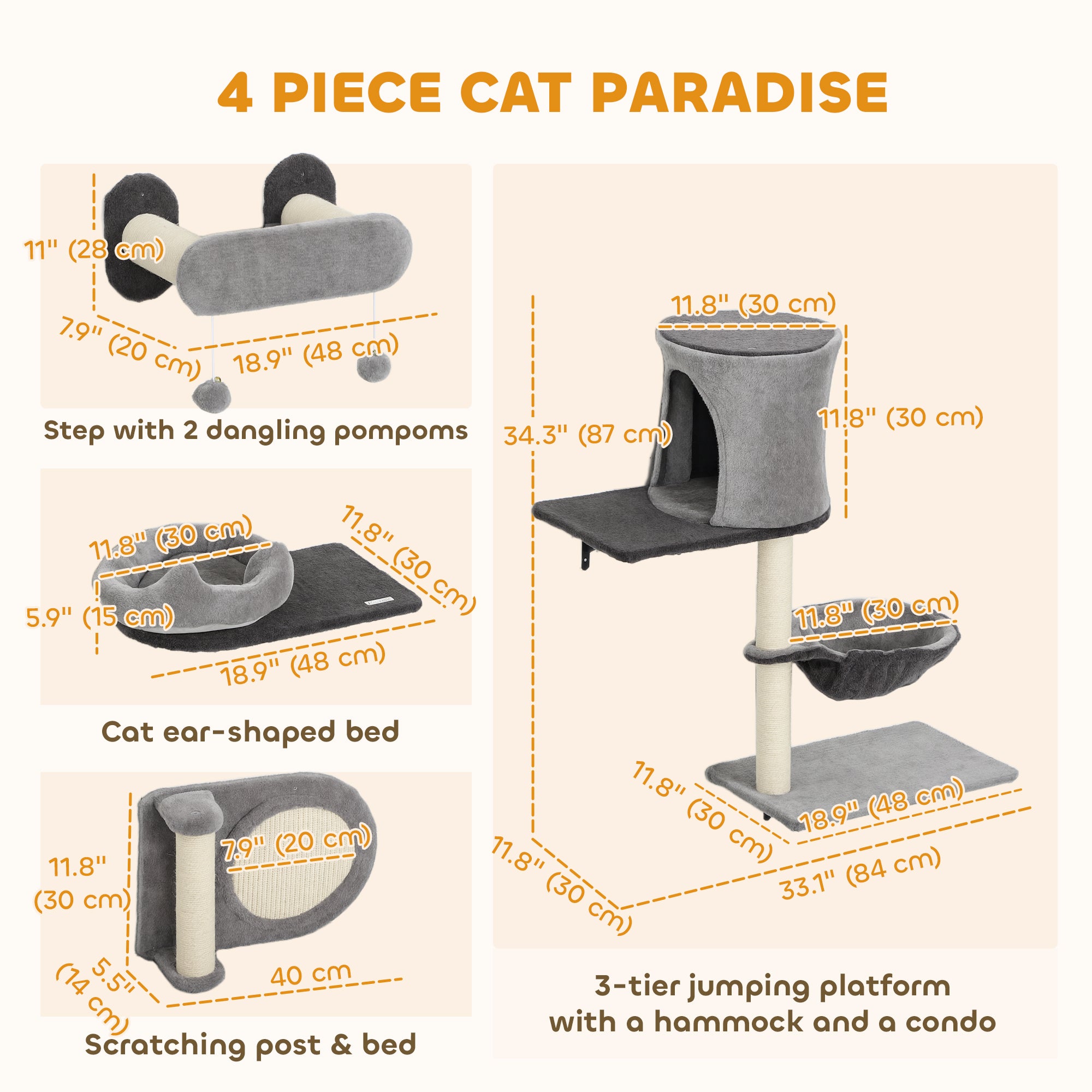 4Pcs Cat Wall Shelves with Scratching Post & Pad, Condo, Hammock, Bed, Step, Hanging Pompoms, Perches-Cats-DECOROLALA