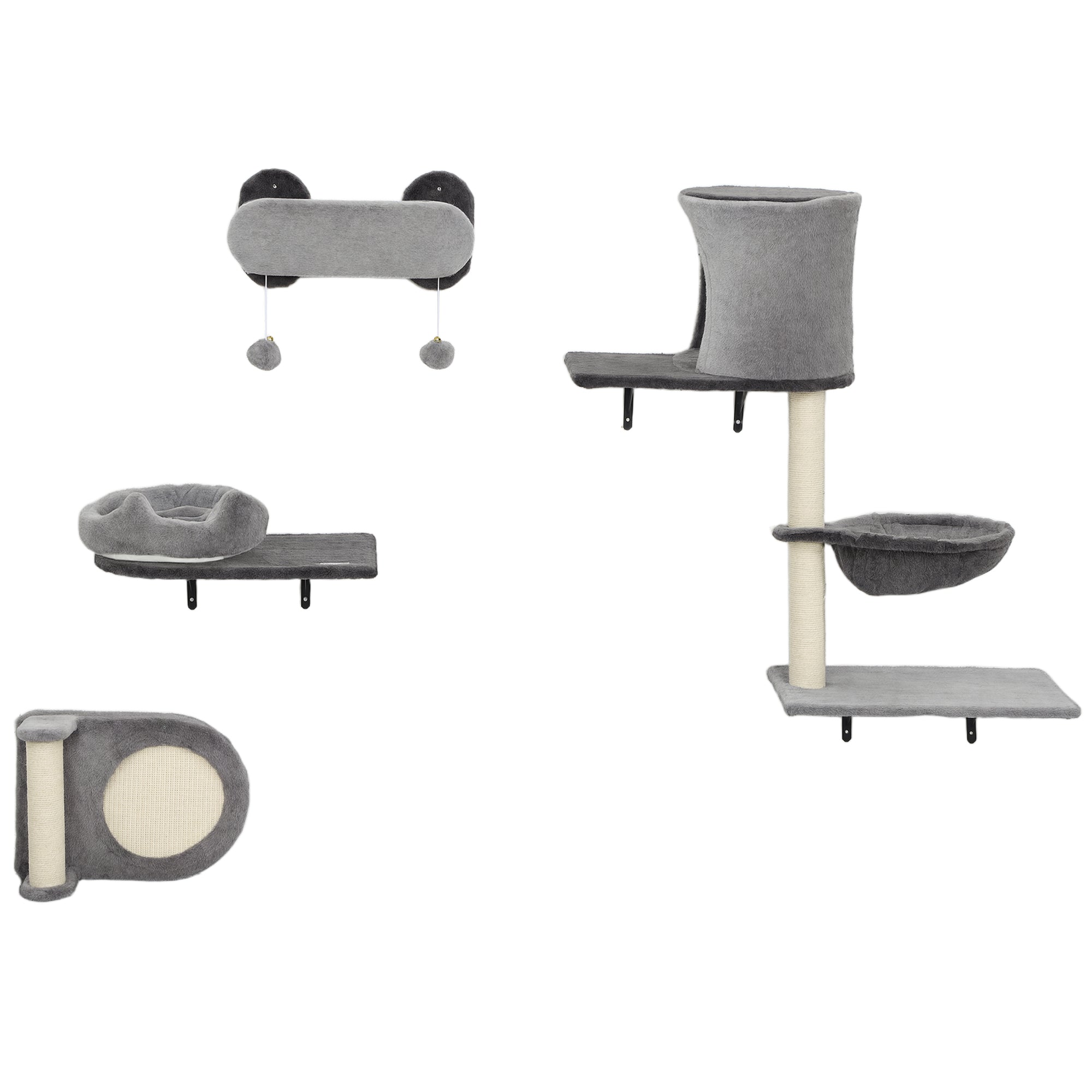 4Pcs Cat Wall Shelves with Scratching Post & Pad, Condo, Hammock, Bed, Step, Hanging Pompoms, Perches-Cats-DECOROLALA