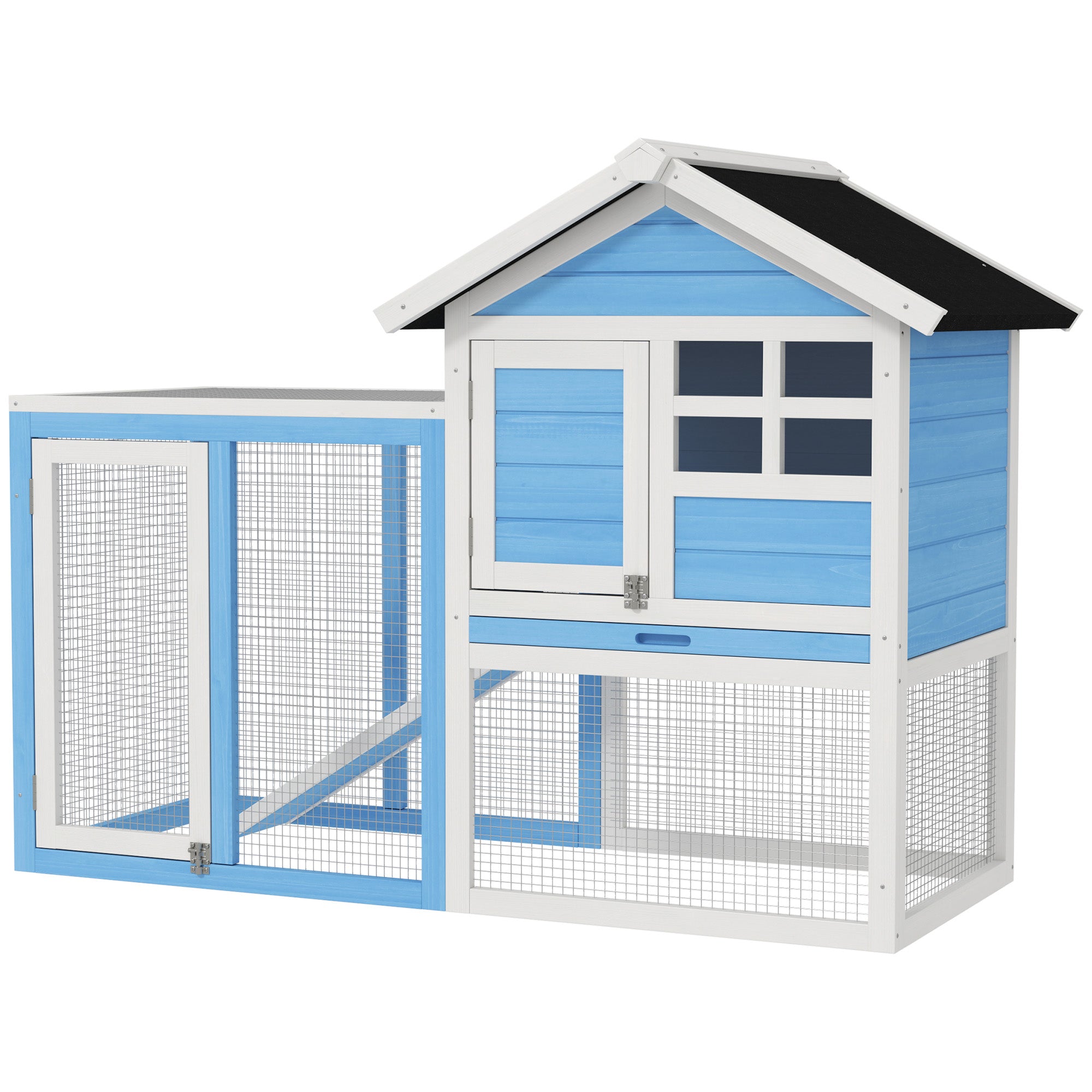 Clapier en bois pour lapin de 49 pouces avec toit incliné et enclos, bleu clair
