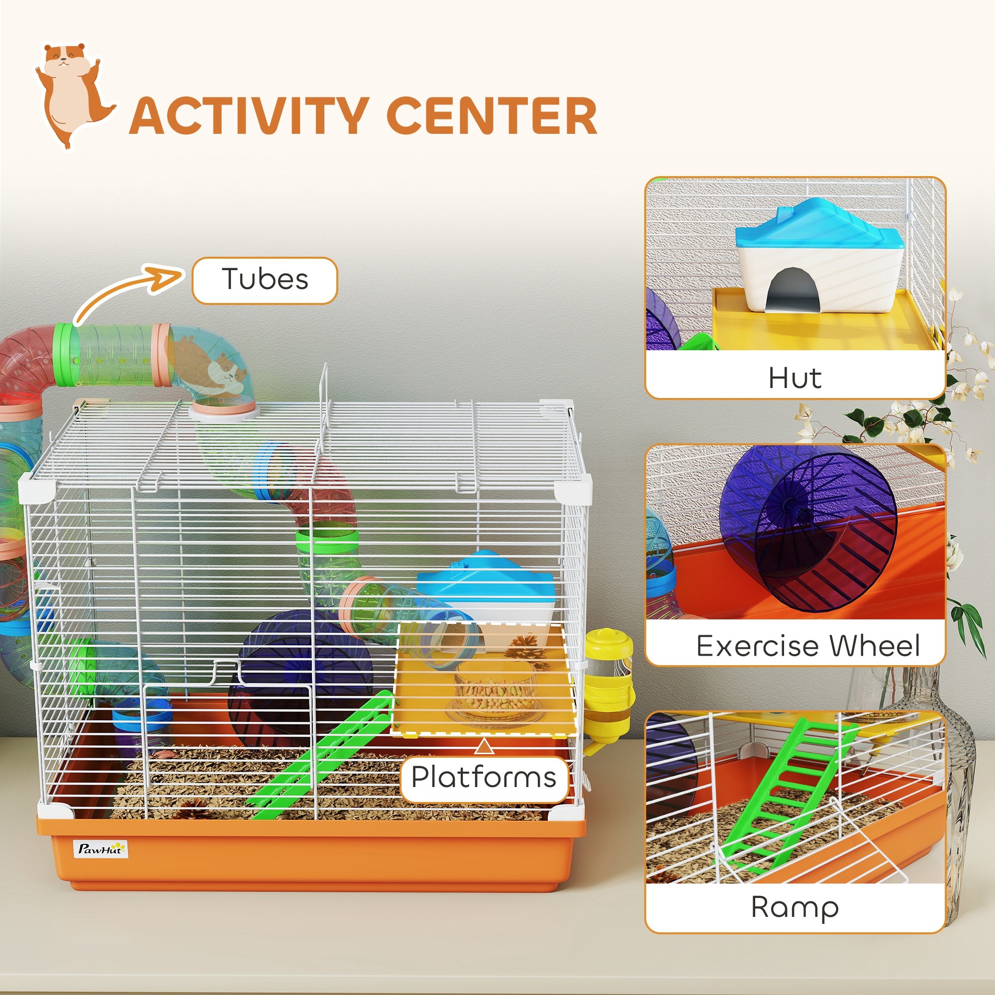 18"L Hamster Cage, Small Animal House, 2-Level Rat Gerbil Haven with Tunnel Tube System, Orange