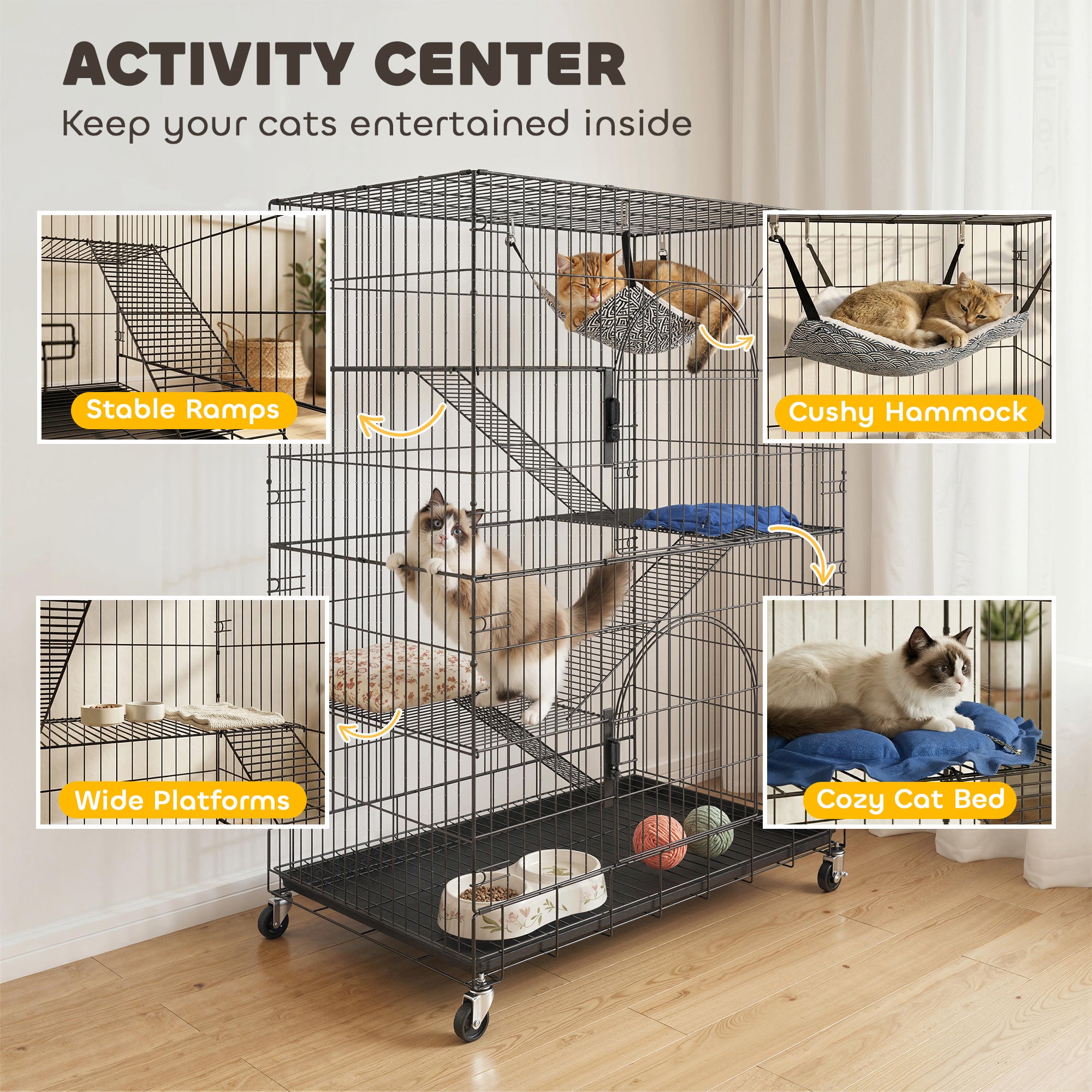 4-Tier Cat Cage, Large Cat Enclosure with Lockable Wheels, Tray, Hammock, Bed, 3 Ramp, 3 Platforms for 3-5 Kittens