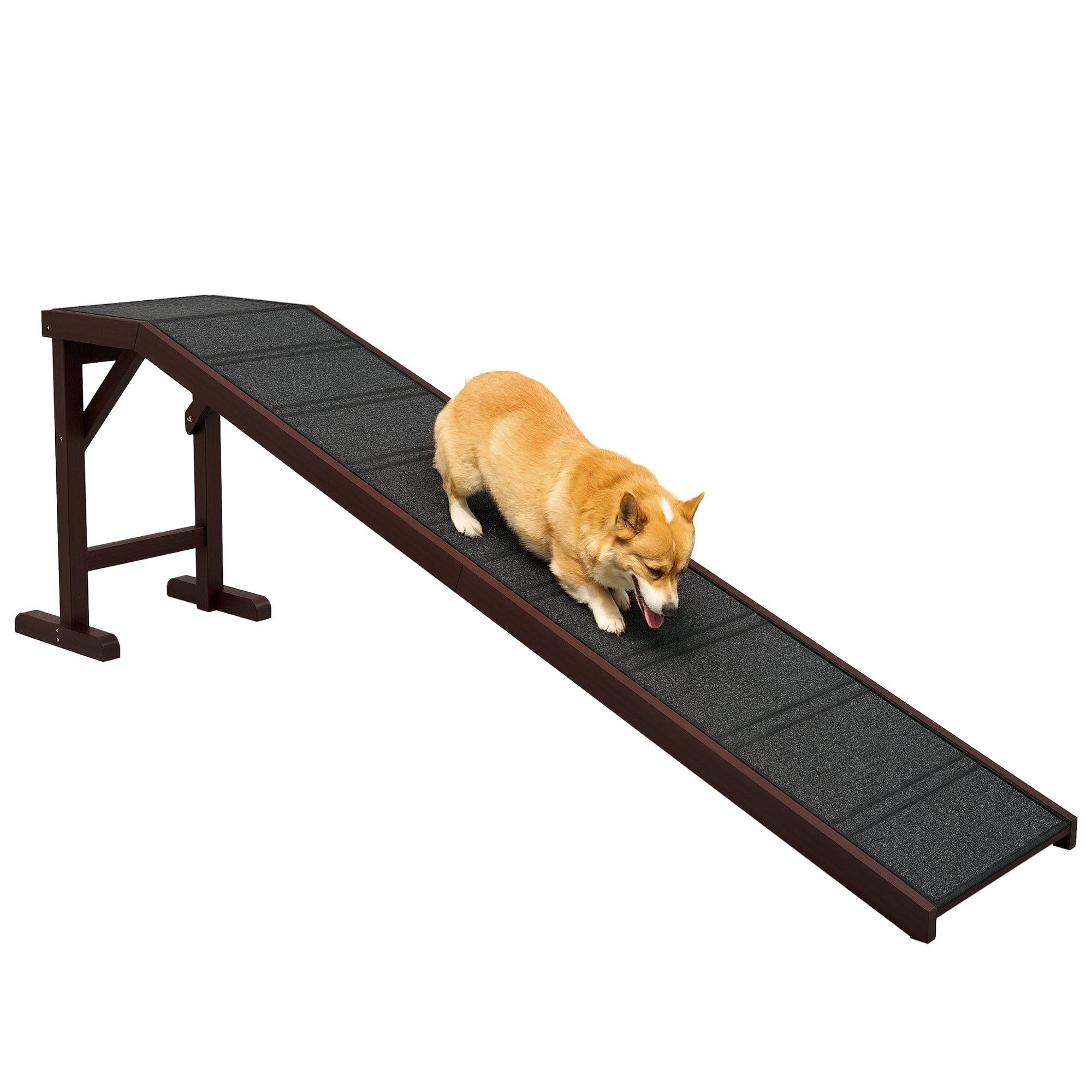 Rampe, lit et marches pour chiens et chats avec plateforme supérieure en moquette antidérapante, bois de pin, 74"L x 16"W x 25"H, marron
