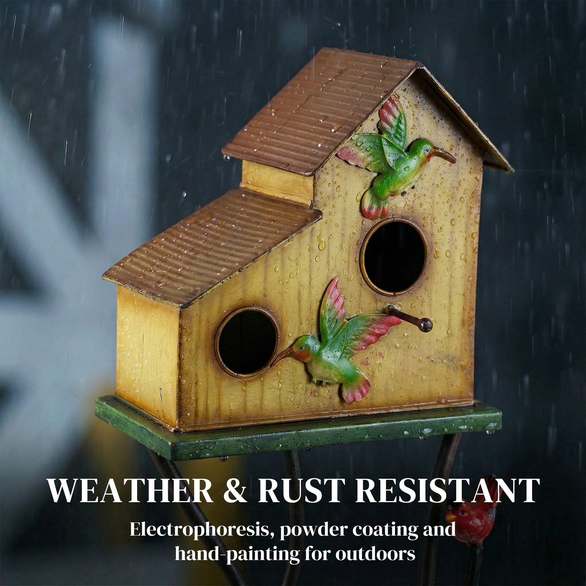 57" Outdoor Bird House with Pole, Metal Bird Houses for Outside, Double-Hole Birdhouse Outdoor Decoration, Yellow