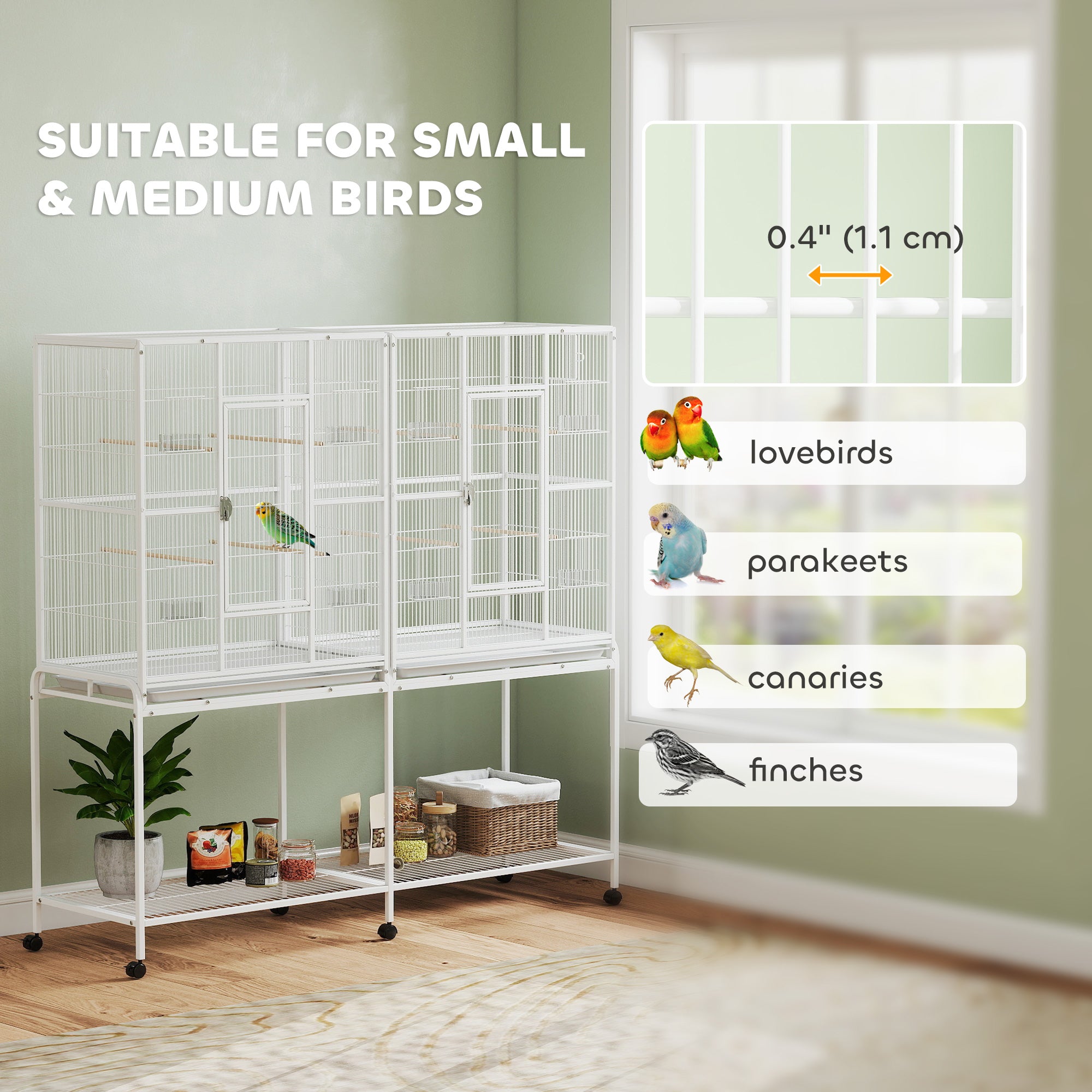 64" Large Rolling Bird Cage Bird House with Detachable Rolling Stand, Storage Shelf, Wood Perch Food Container, White