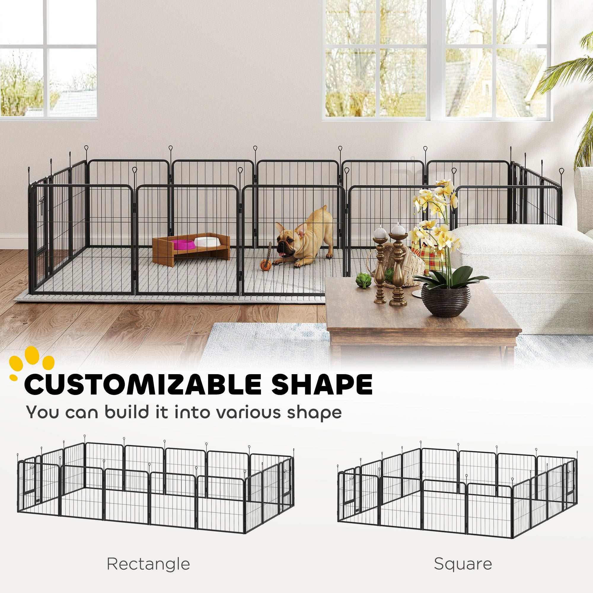 16 Panels Dog Playpen with Straps, Portable & DIY, for Small Dogs, for Yard, RV, Camping, Garden, 24" Height