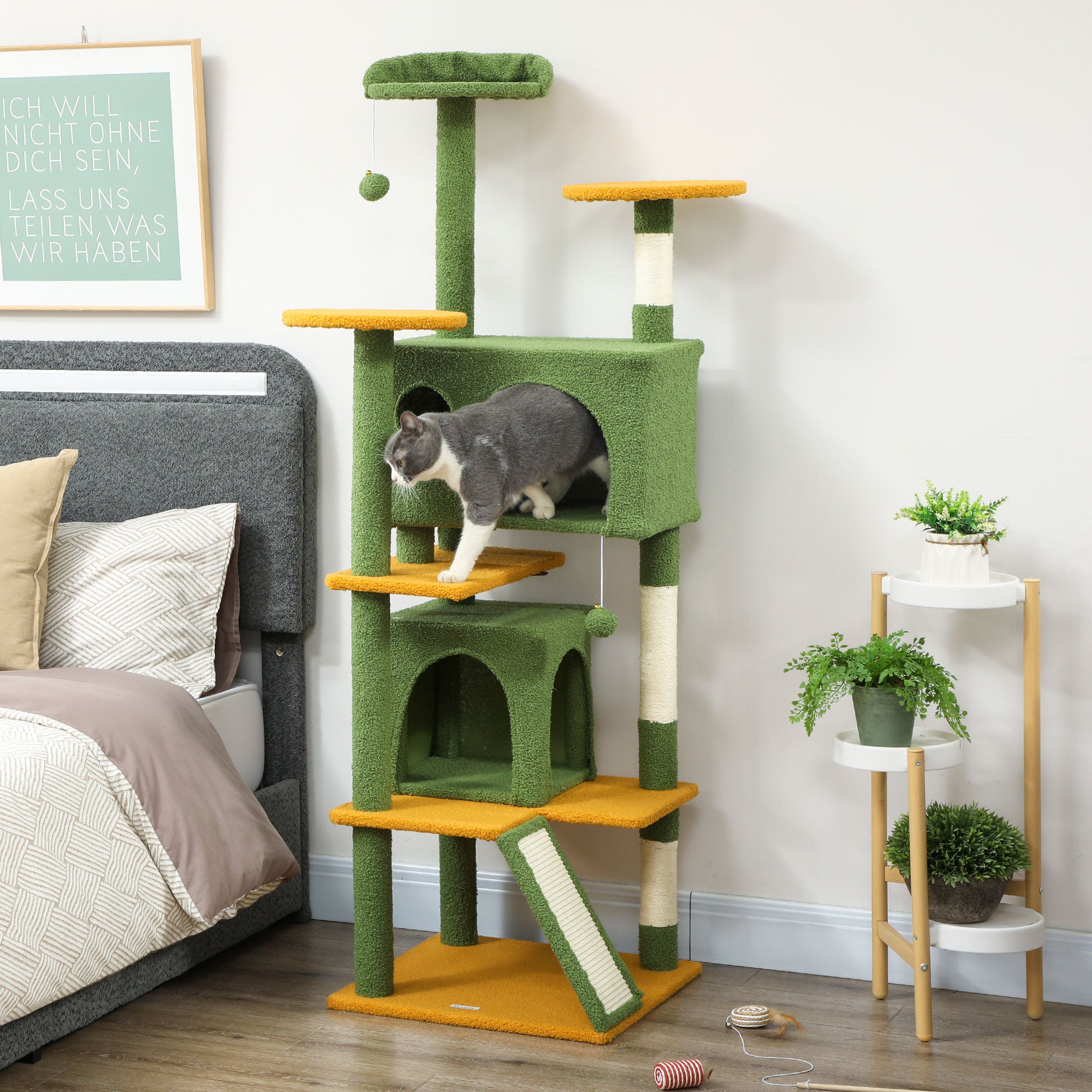 63" Cat Tree, Multi-Level Cat Tower with Scratching Posts, Cat Condos, Bed, Platforms, Ramp, Toy Ball, Green
