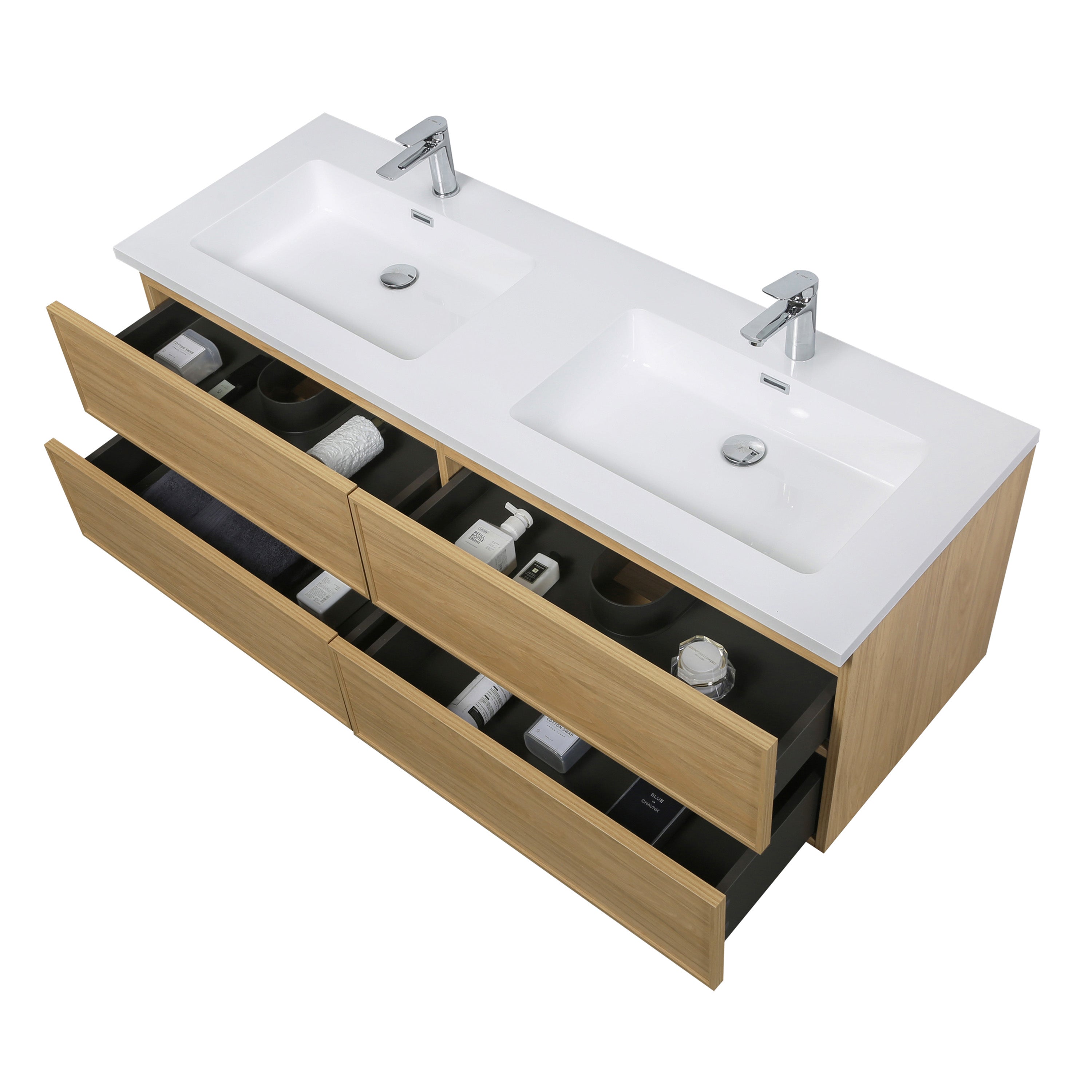 60" Sunset Walnut Wall Mount Double Sink Bathroom Vanity with White Polymarble Countertop