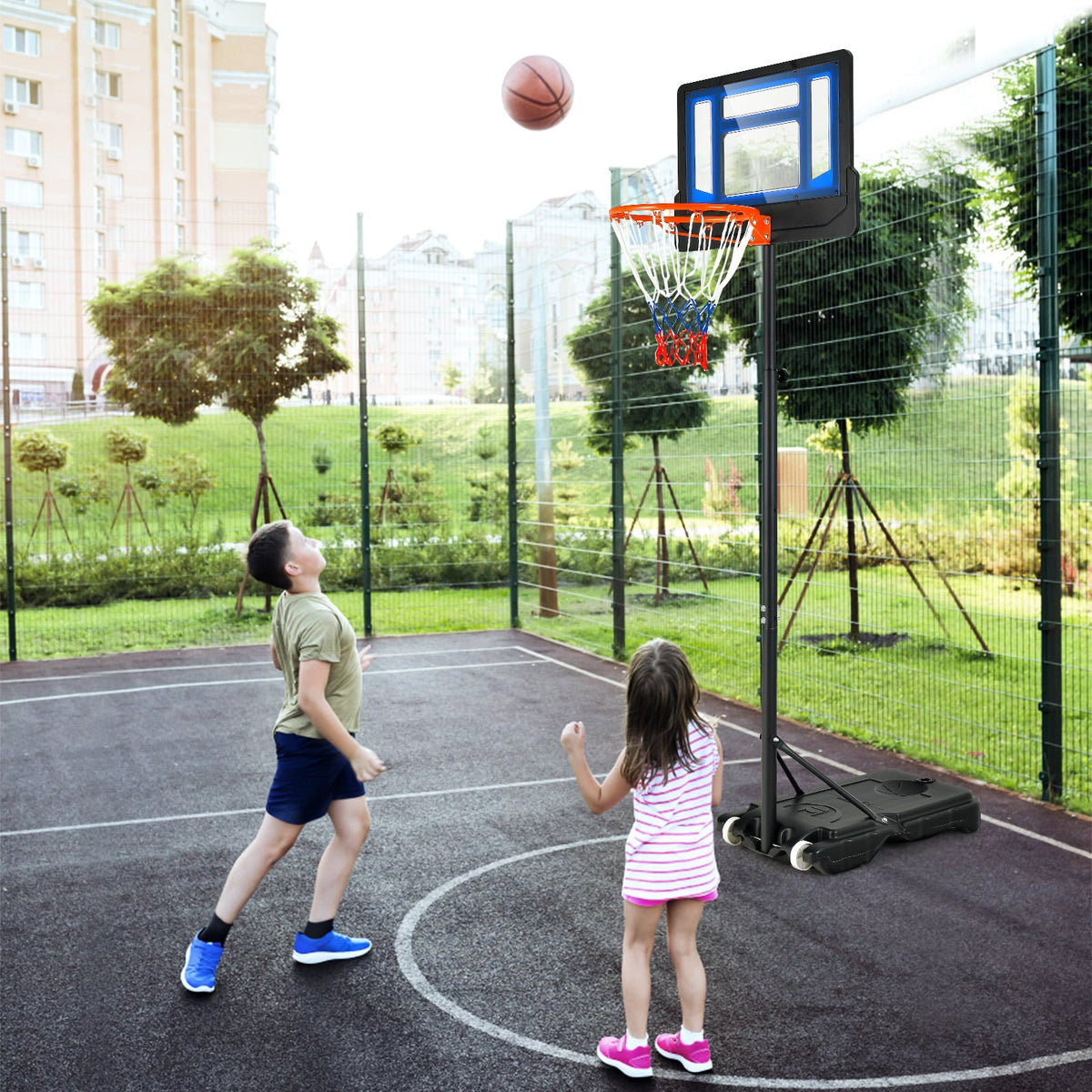 4.3-8.2 Feet Portable Basketball Hoop with Adjustable Height and Wheels-Blue-Sporting Goods-DECOROLALA