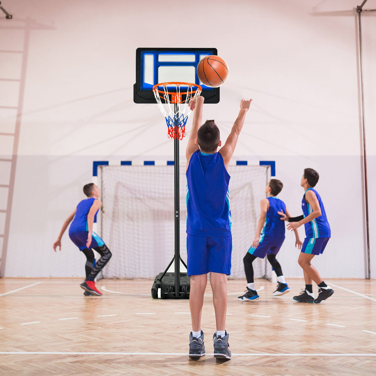 4.3-8.2 Feet Portable Basketball Hoop with Adjustable Height and Wheels-Blue-Sporting Goods-DECOROLALA