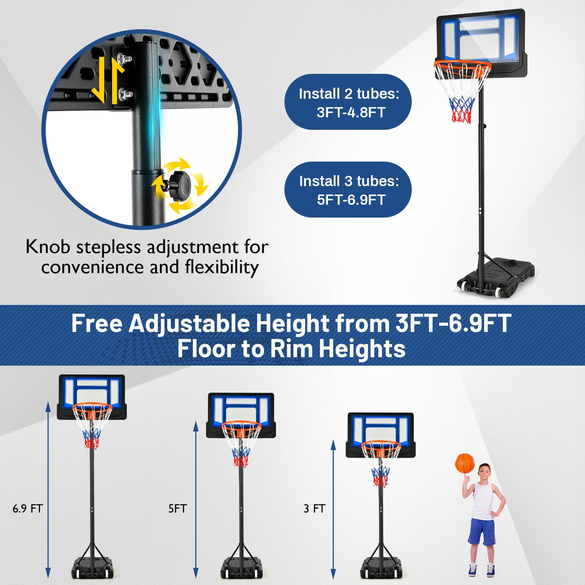 4.3-8.2 Feet Portable Basketball Hoop with Adjustable Height and Wheels-Blue-Sporting Goods-DECOROLALA