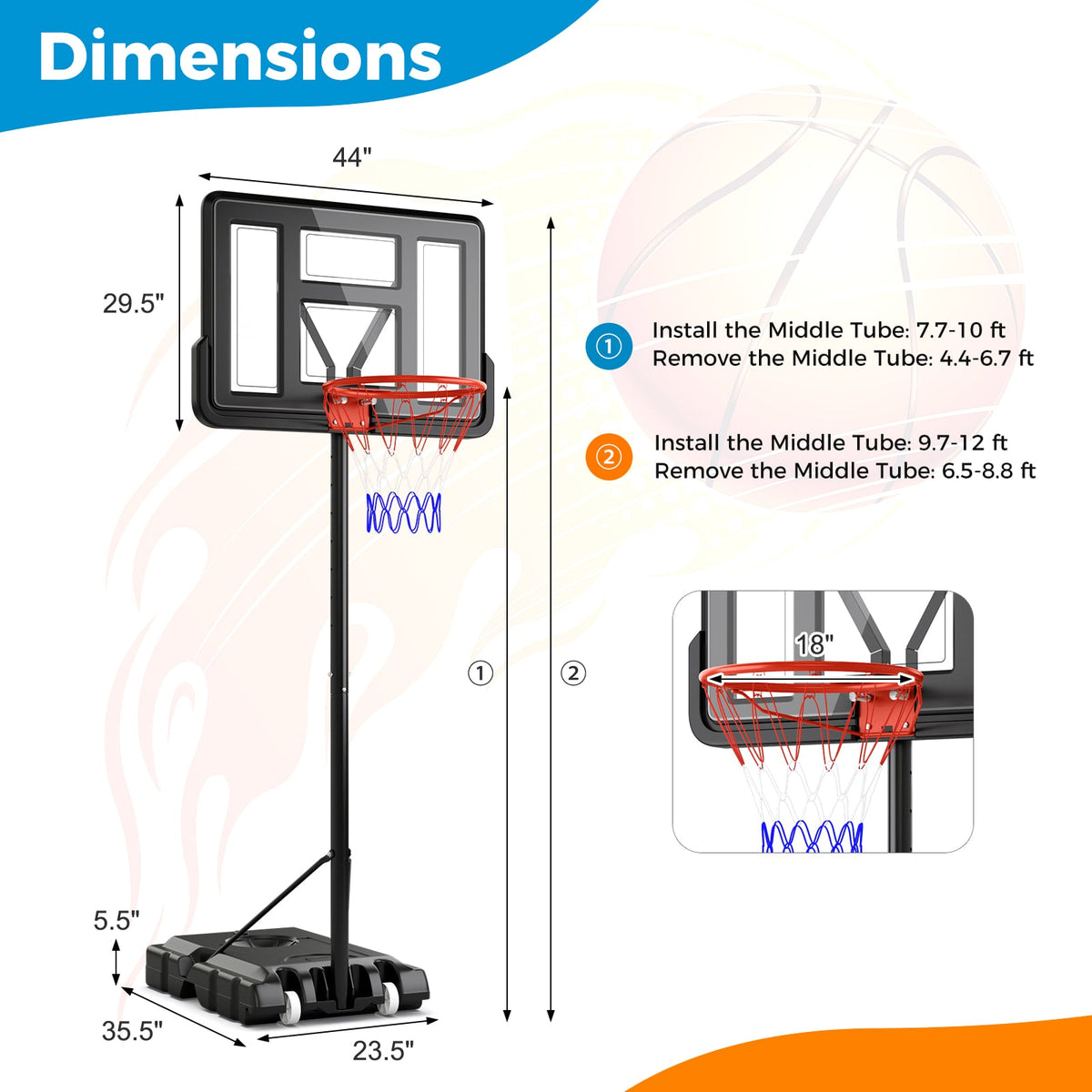 Basketball Rim Springs 4.4-10 Feet Portable Basketball Hoop Adjustable with 2 Wheels and Fill ...