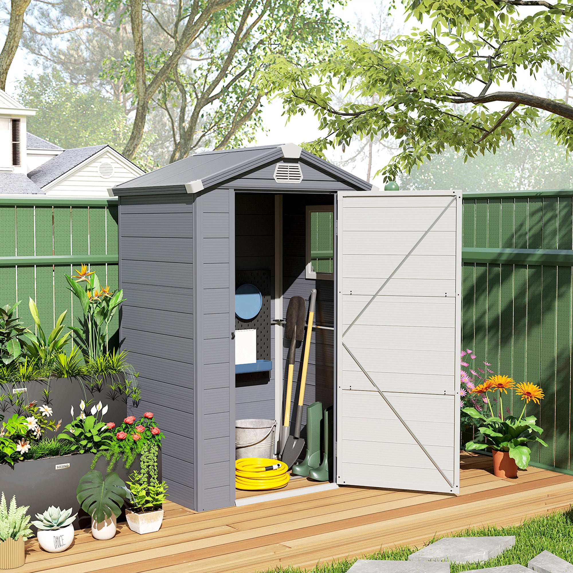 4.4' x 3.3' Plastic Garden Storage Shed - Dark Grey-Patio & Garden > Lawn & Garden > Sheds-DECOROLALA