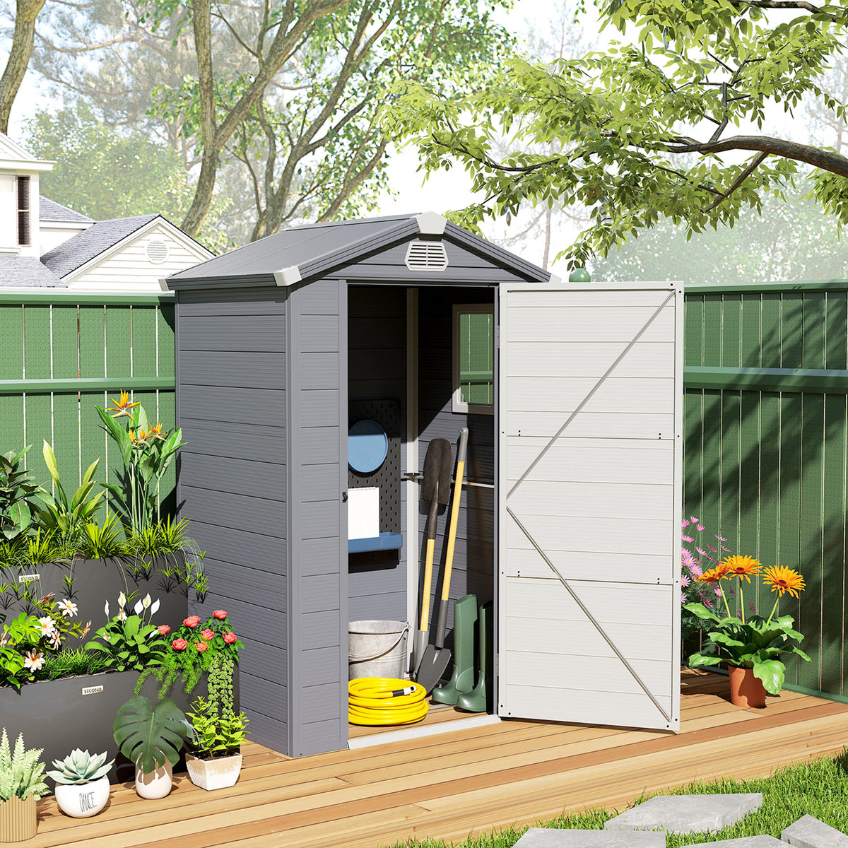4.4' x 3.3' Plastic Garden Storage Shed - Dark Grey-Patio & Garden > Lawn & Garden > Sheds-DECOROLALA