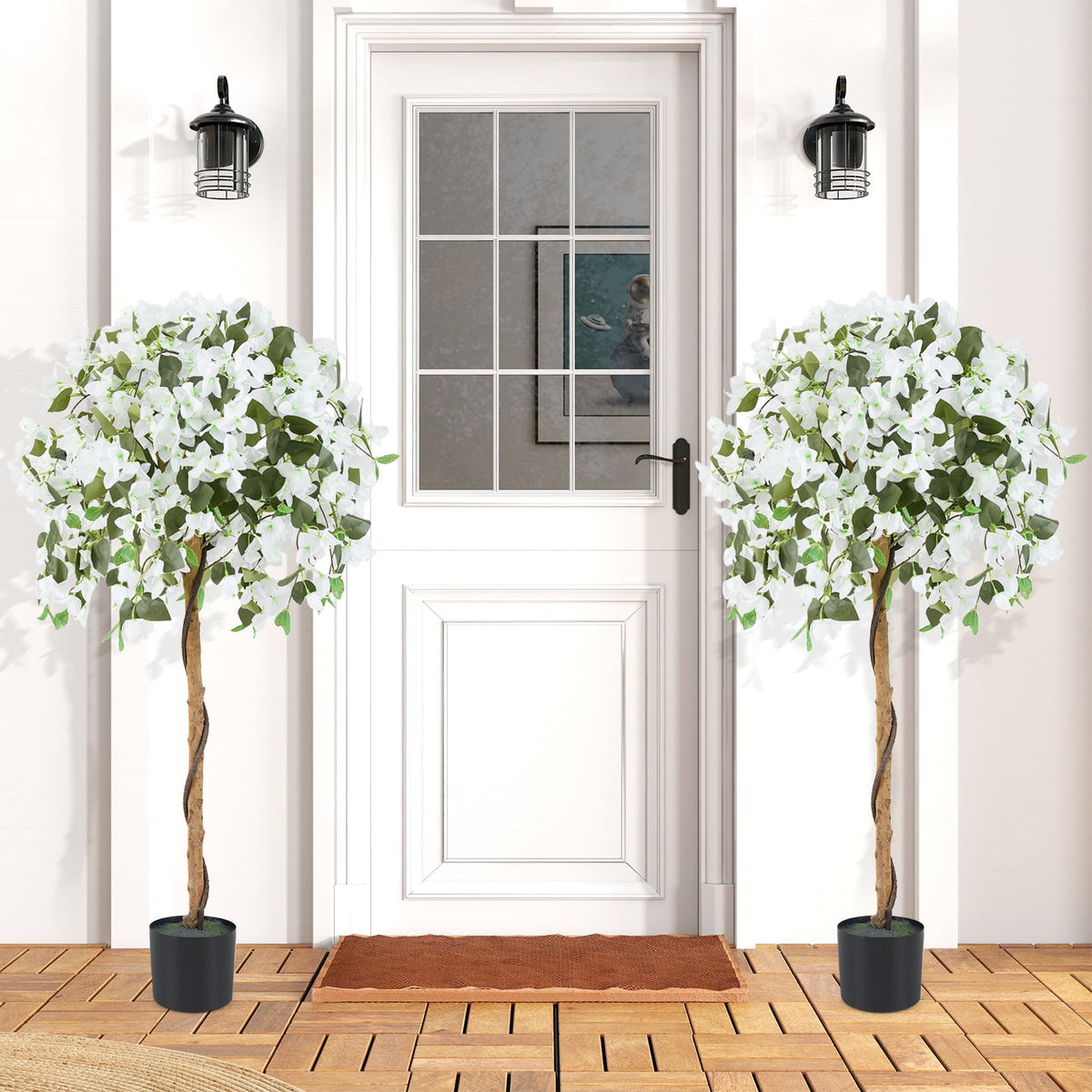 4.5 Feet Artificial Azalea Tree with Cement Pot-White-Artificial Plants-DECOROLALA