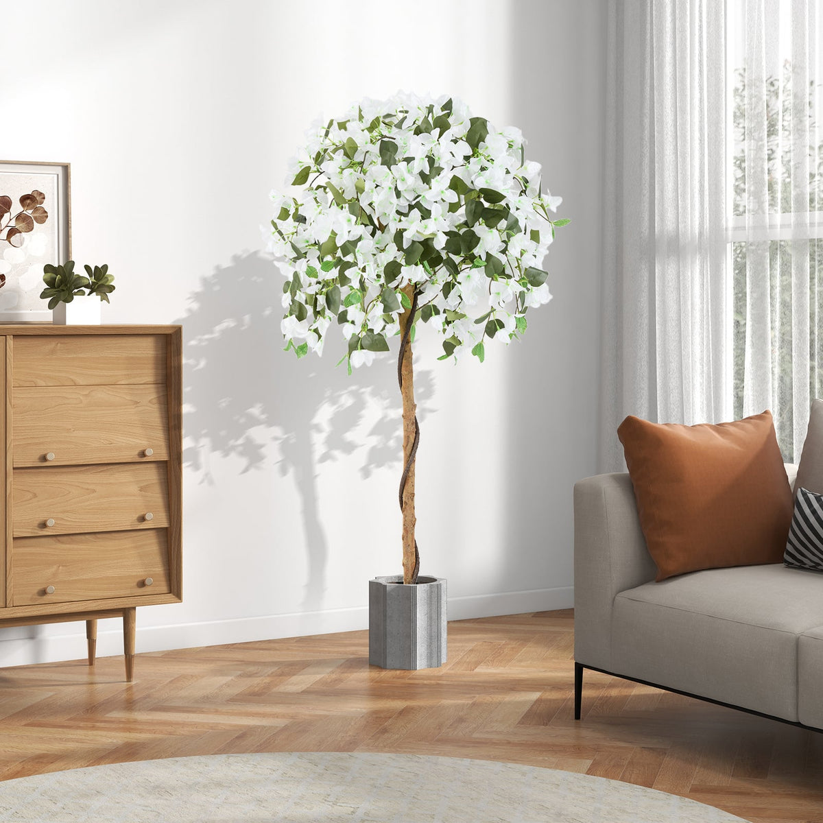 4.5 Feet Artificial Azalea Tree with Cement Pot-White-Artificial Plants-DECOROLALA