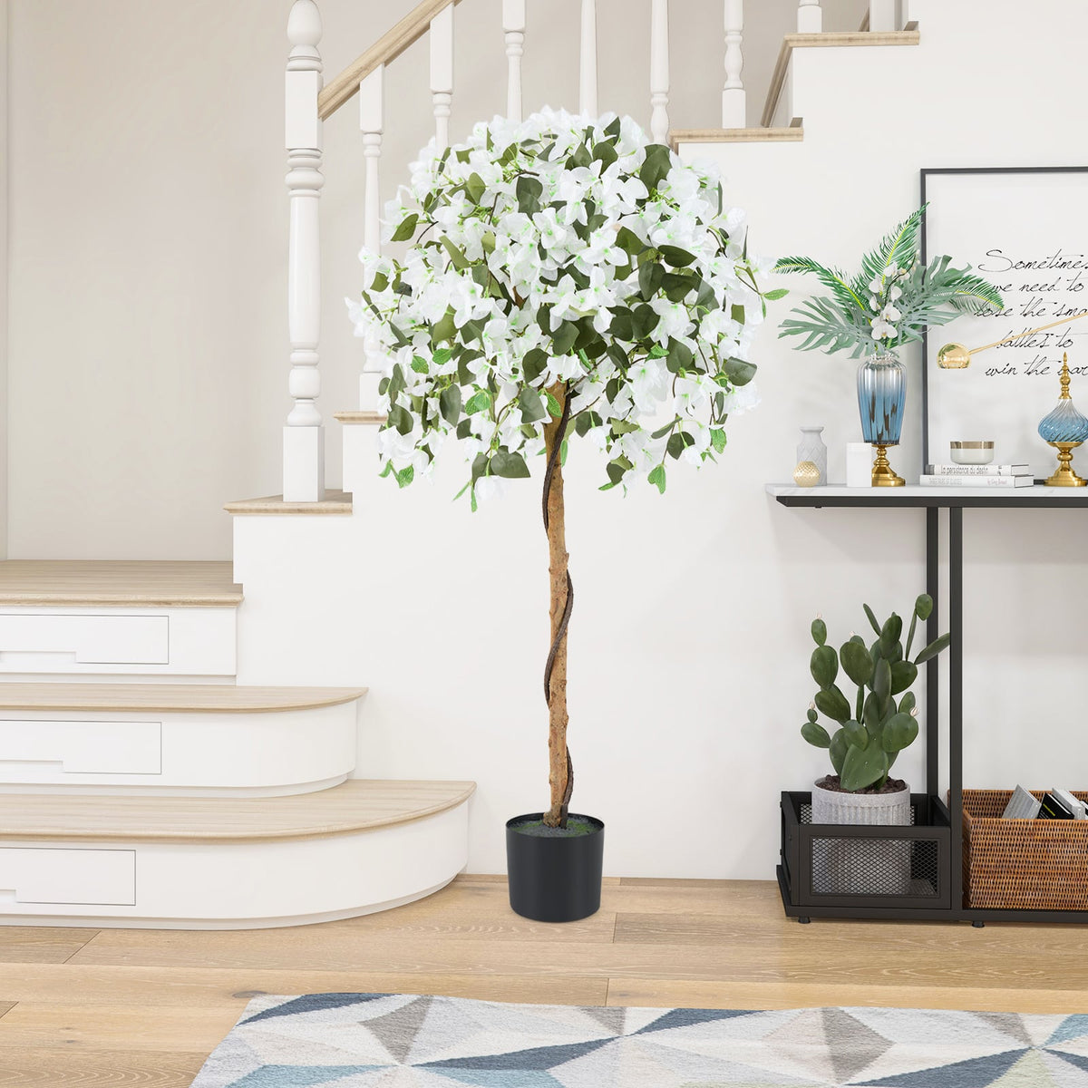 4.5 Feet Artificial Azalea Tree with Cement Pot-White-Artificial Plants-DECOROLALA