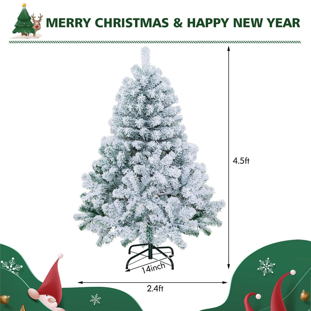 4.5 Feet Pre-Lit Premium Snow Flocked Christmas Tree with 150 Lights-Christmas Trees-DECOROLALA